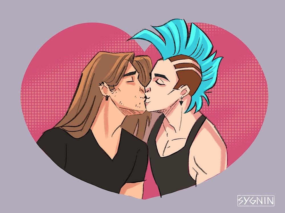 Art of a rocker guy with long hair kissing a punk guy with a teal mohawk