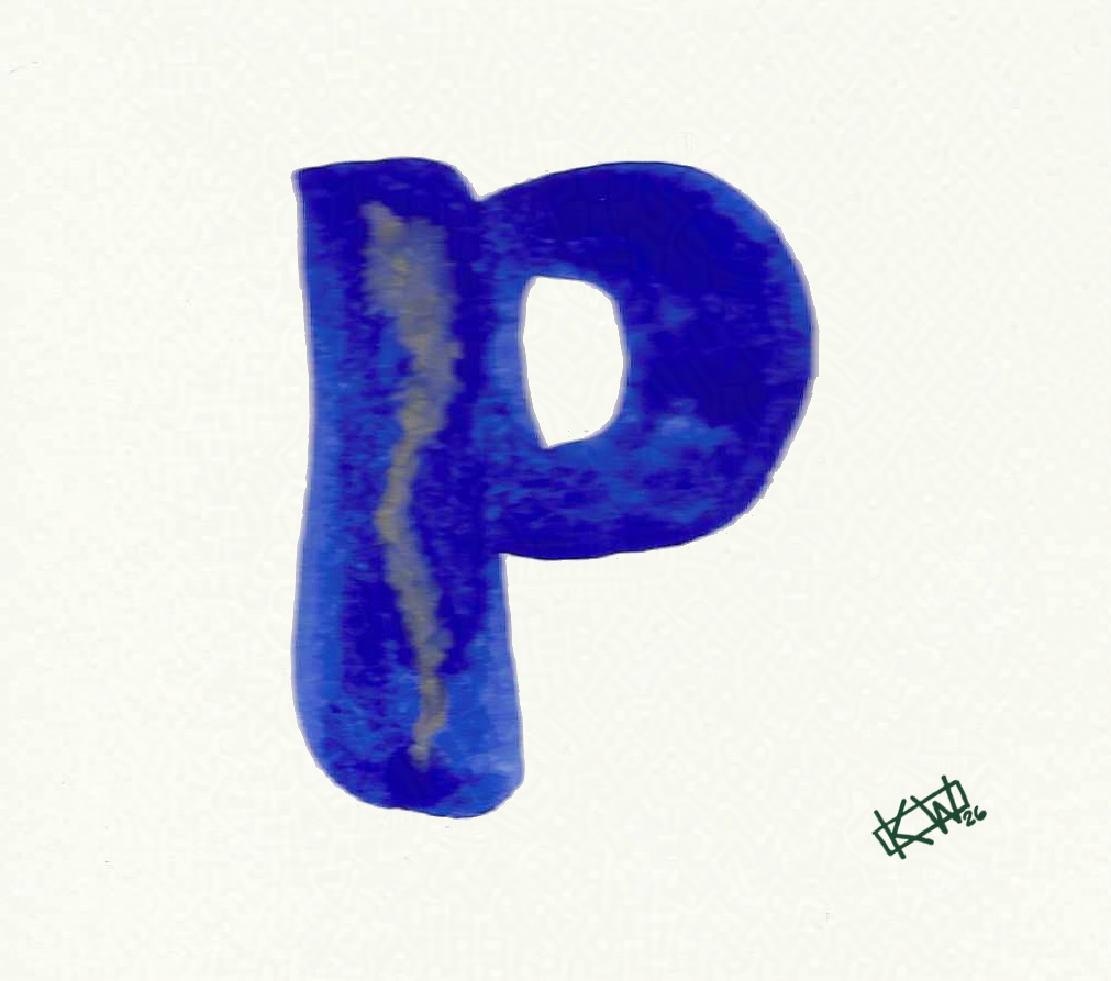Watercolor of upper case letter P in a lovely shade of blue with gold swirls.