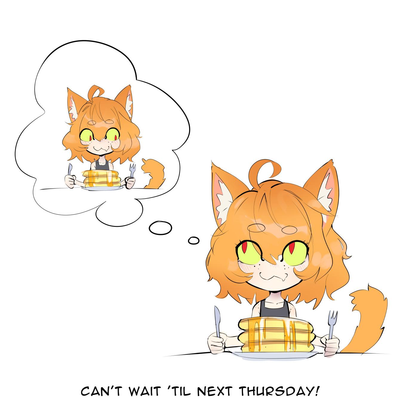 Cat character thinking about the next time they get to eat pancakes, while eating pancakes