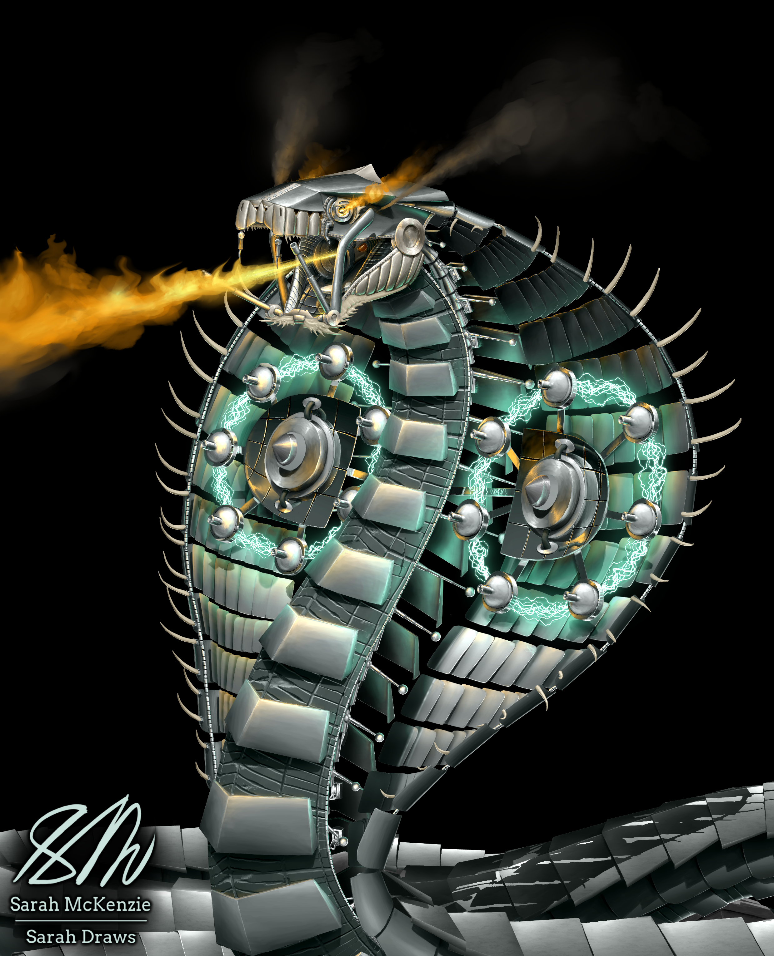 Creature Headshot: Aspidus, the cyber cobra

Digital artwork of a mechanical cobra monster. Its fanged mouth is open, and a flame shoots from it. Its eyes likewise streak flames, and two large tubes on its bottom jaw shoot out jets of smoke behind its head.

Its hood, made of reflective metal plates, is open wide to reveal a pair of laser weapons with circles of blue lightning energy spinning around them. The edges of the hood are lined with spiky, rib-like bone structures on hinges.

Art by @Sarah_Draws.