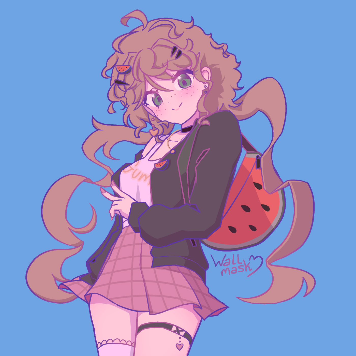 Anime style art of a girl with wavy light brown hair tied in very long twintails, and green eyes, smiling at the viewer as she does a V sign with her left hand, under her chest area. The girl wears a watermelon hairpin, a watermelon pin on her jacket, and is holding a watermelon-shaped bag on her left shoulder. She wears a black jacket, white tank top shirt, a pink skirt, a single leg white thighhigh, and other triangle-shaped hairpins, a black choker, a thigh strap, and a golden heart earring. The girl is Haven, yvanille 's original character on Art Fight.