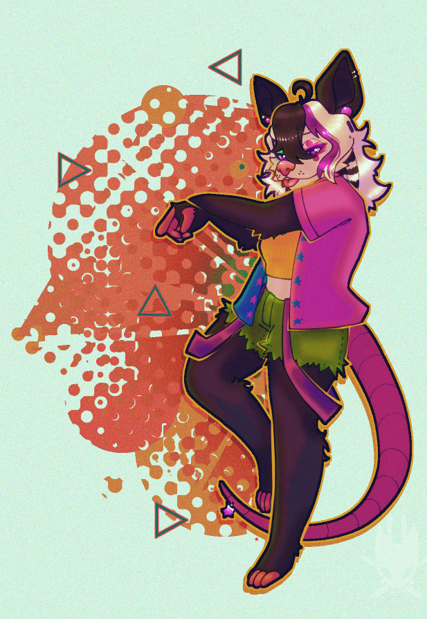 jones (moonsnacks/onisuzec's oc) posing in front of some shapes
