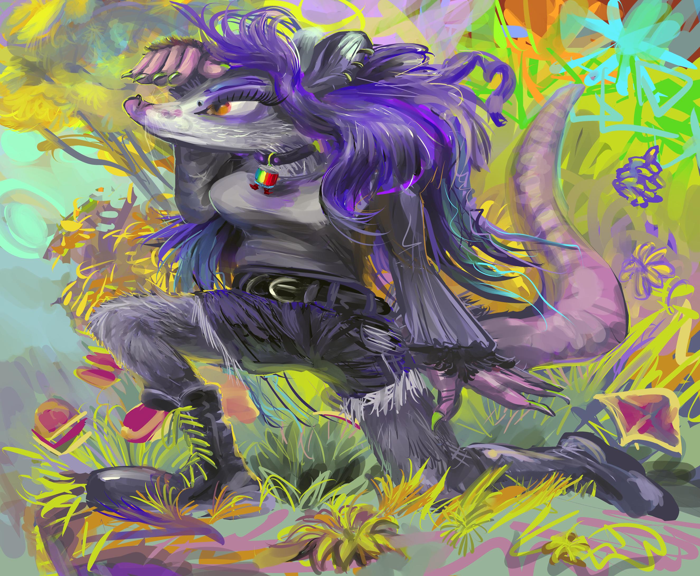anthropomorphic opossum person with grey fur and purple scalp hair, pink extremeties and large boots kneels with one foot forward and one foot backward, with one hand raised above its head in a stereotyped "i'm looking in this direction" pose that probably at one point was meant to indicate trying to block excessive sunlight.  the scenery implies colorful but utterly nonscientific, unreferenced plants