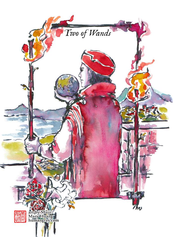 Illustration of Tarot card rendered in fountain pen inks of vivid colours blended with water. Two of Wands: A man dressed in red faces a parapet overlooking a landscape with mountains, a lake, forests and hints of human architecture. He has an expression that can be interpreted as deep in thought, bored, or dissatisfied. His right hand hefts a globe that he seems to be comparing to the landscape he's surveying. His left hand grips a flaming wand resting on the parapet. Another flaming wand is bolted to the wall to his right. A vase of roses and lilies is behind him, bleeding off the image. Art by Maiji/Mary Huang - humangray.com