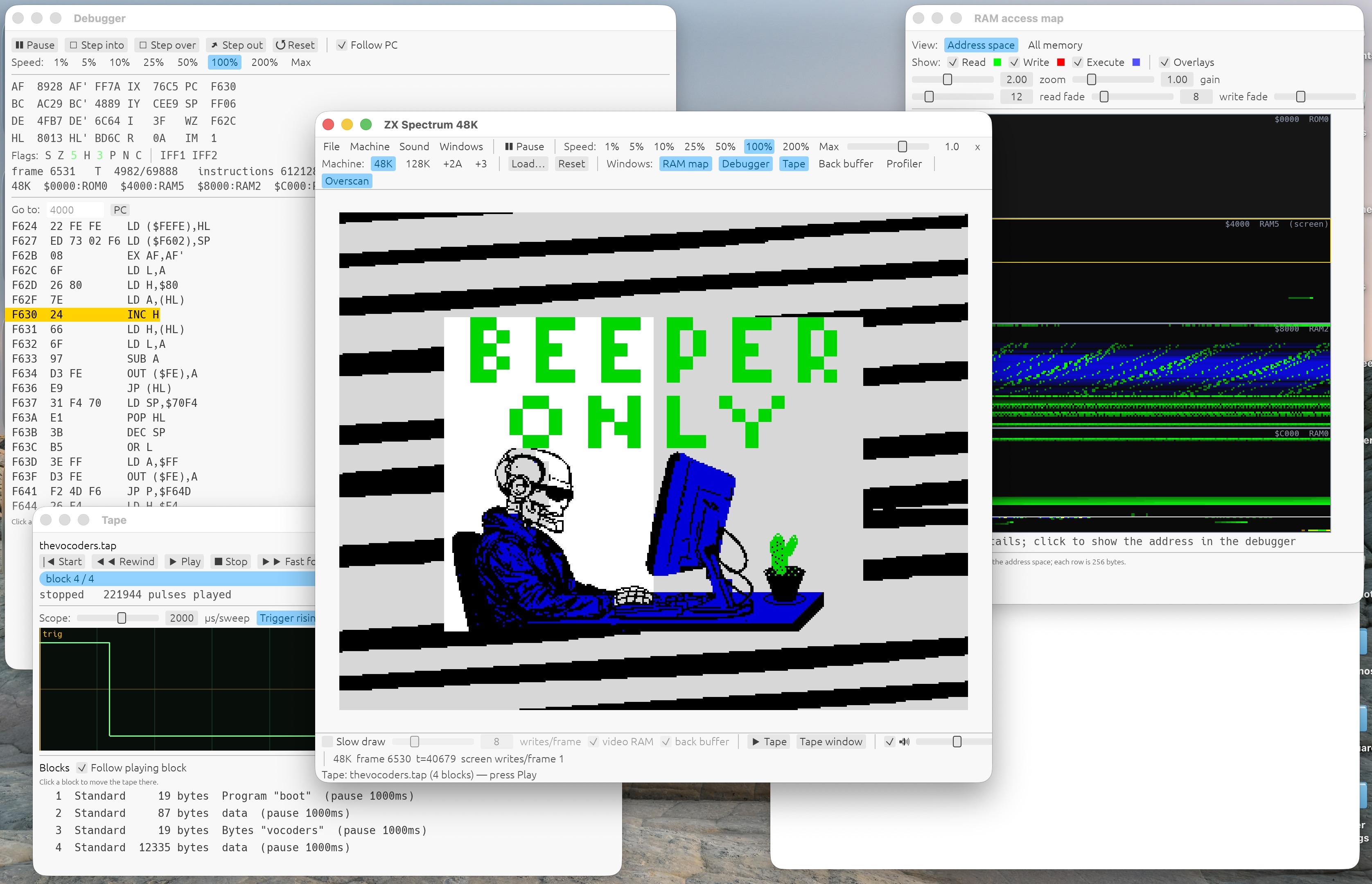 Pixel art of a skeleton at a computer with the text "BEEPER ONLY" in bright green letters, in a ZX Spectrum emulator. In the background are other windows showing a debugger, a memory map and a tape player.