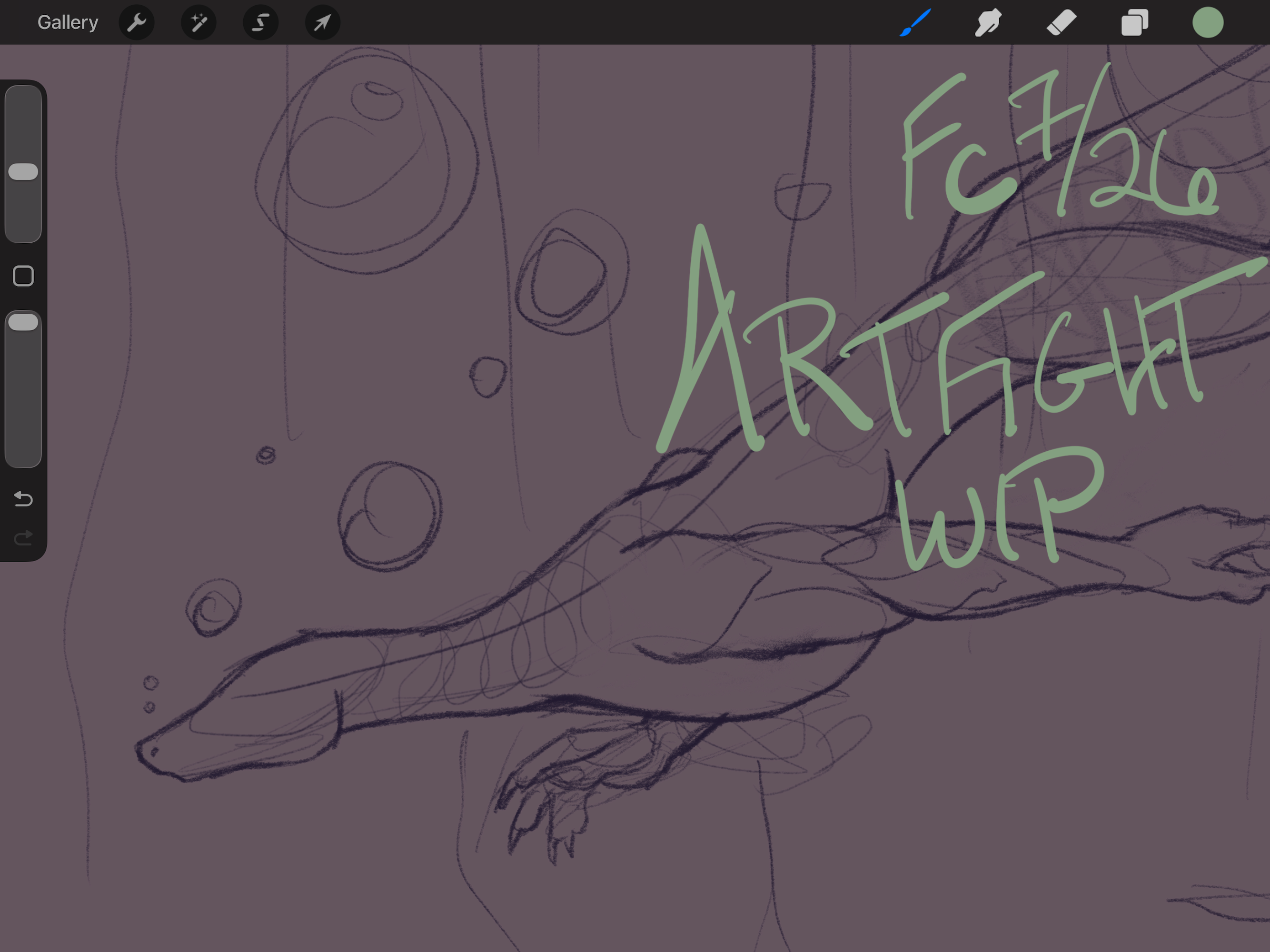 A screenshot of the iPad application ProCreate, showing the UI as well as a tan background with a purple sketch of a lizard-like creature swimming amidst bubbles. The celadon green text reads "Artfight WIP" and has the artist's signature/date, "Fc 7/26"
