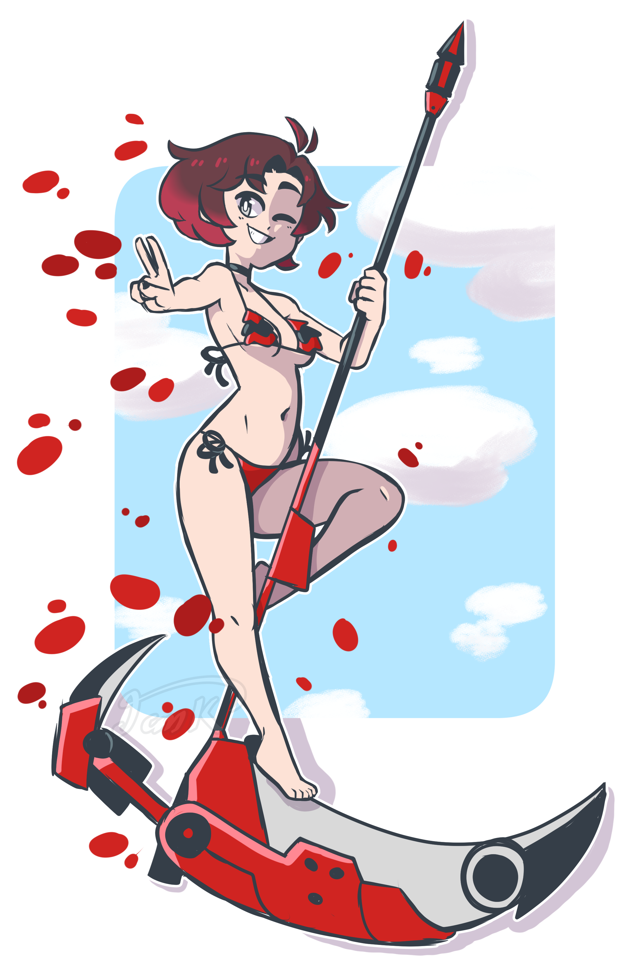 Ruby Rose from Rwby flying in front of the sky on her scythe Crescent Rose, surrounded by floating rose petals, winking and shooting the viewer a peace sign while wearing a revealing bikini.