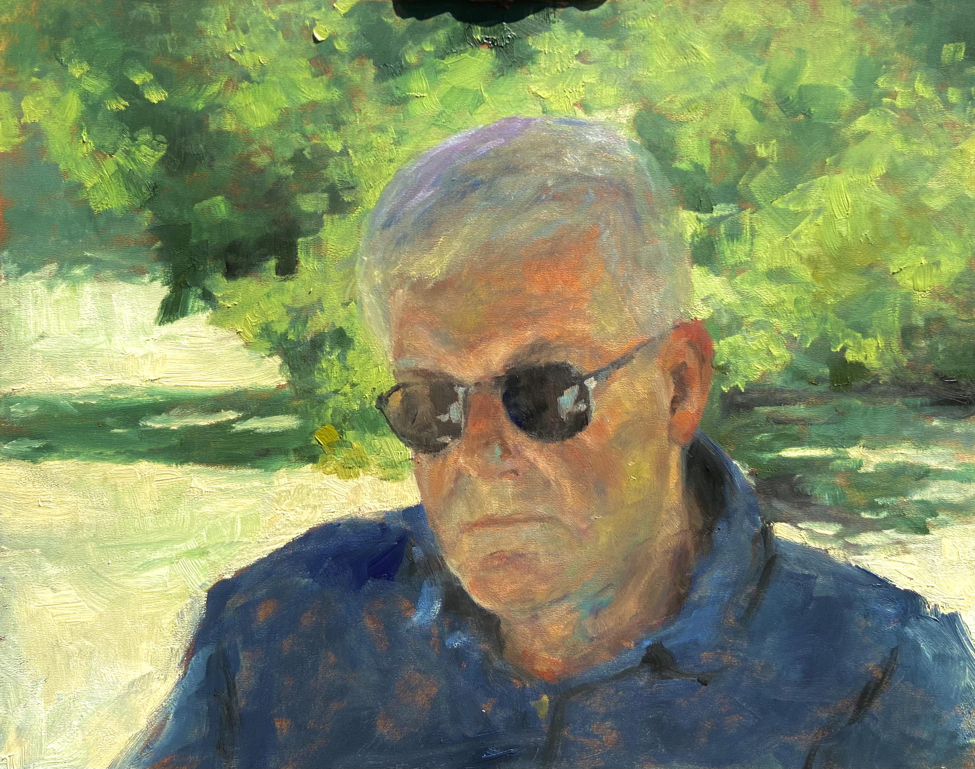 Portrait in oils painted alla prima. It’s an older dude with sunglasses sitting outside. He is sitting in the shade while there are sunlit bushes and grass in the background.

24x30 cm oil on panel, painted in 3 hours
