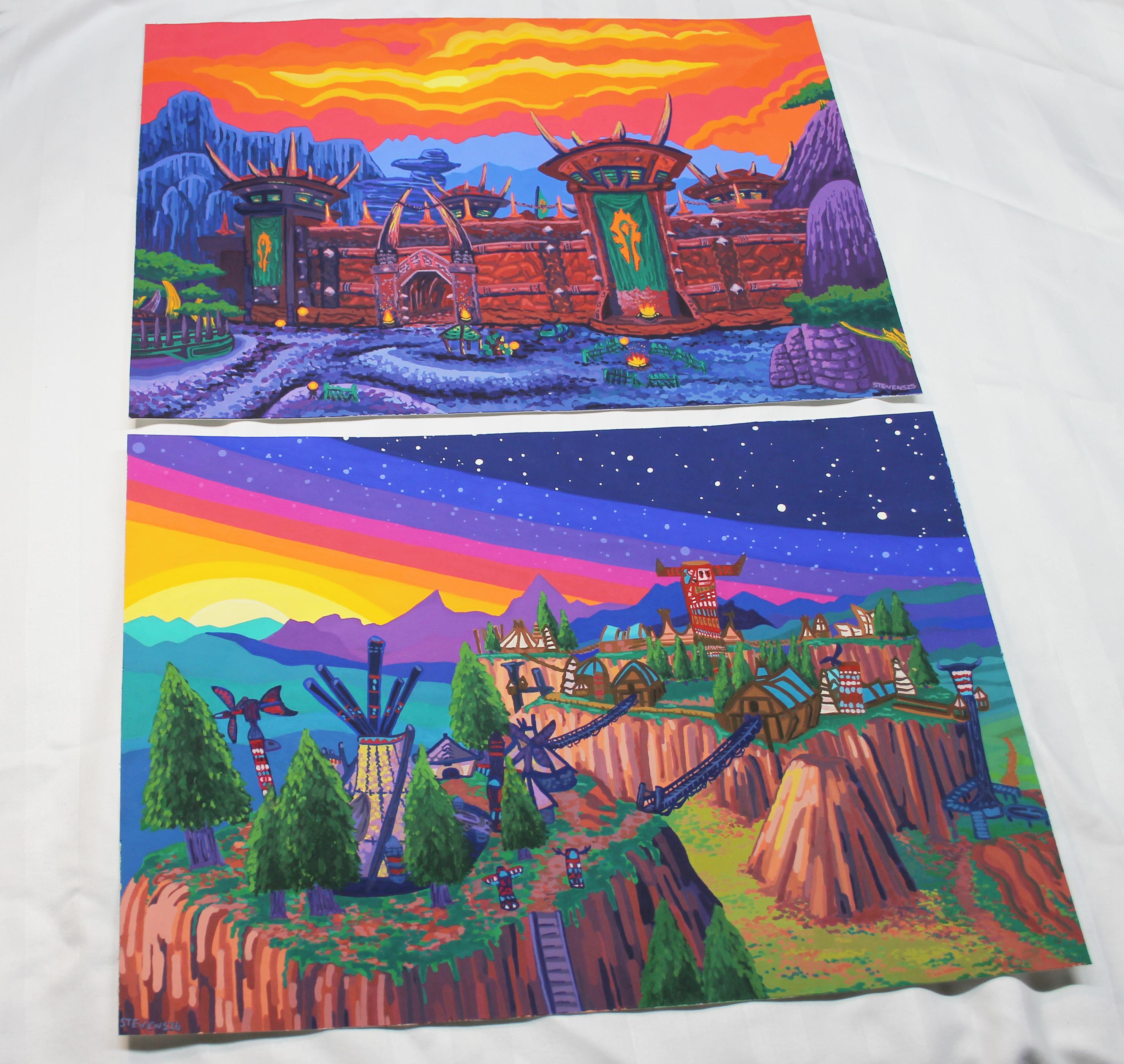 A photo of a white background and two gloriously colourful, A$ size, Gouache paintings on it, one above the other. The top painting is a psychedelic rendition of a place in the World of Warcraft universe called Orgrimmar. The sky is burning orange and red and yellow and the main focus is a big, red wall with towers and gates to the city and the floor is a patchy blue and purple. The bottom image is also World of Warcraft, but a very different place. The second one is a place called Thunderbluff and it is characterised by tall mounds rising from the ground with cute little tents and wooden buildings and trees on each rising mound. The sky is super psychedelic and rainbow stripy with pin point stars. Both were commission pieces for the same person!