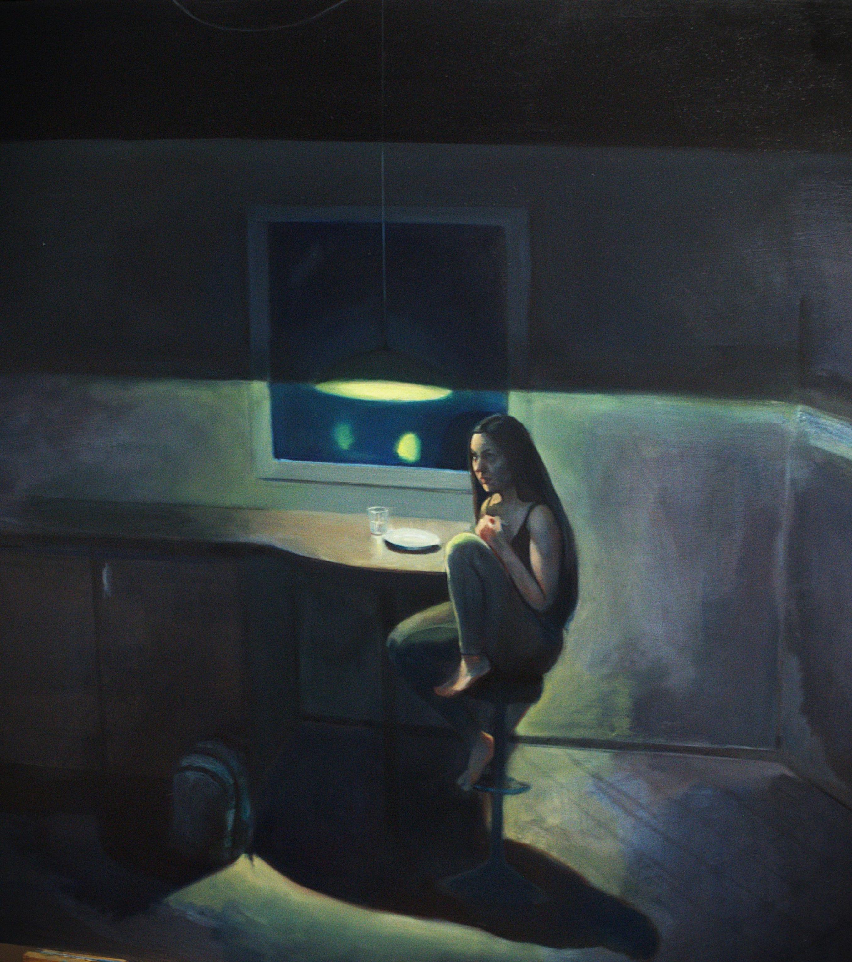 An oil painting in progress: young black-haired woman is sitting crouched on a stool in an empty-looking place, next to a table by a darkened window. There is no roof on the place, just blackness beyond the wall, as if in a staged setting. At the center of the image, right next to the figures face, is a bright cold-yellow light that shines on the place and dissects it into dark shadows and bright lights. On the table there is an empty glass and an empty plate. Next to the table there is a backbag leaning on the floor.