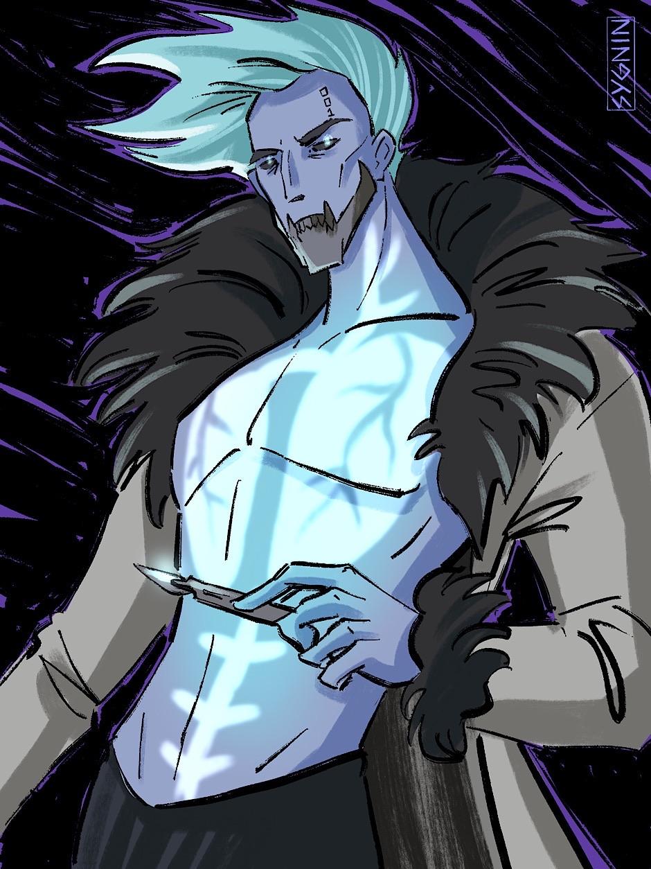 Art of scary looking guy with glowing blue skin and a metal jaw. He holds a scapel. His organs can sort of be seen glowing through his body.