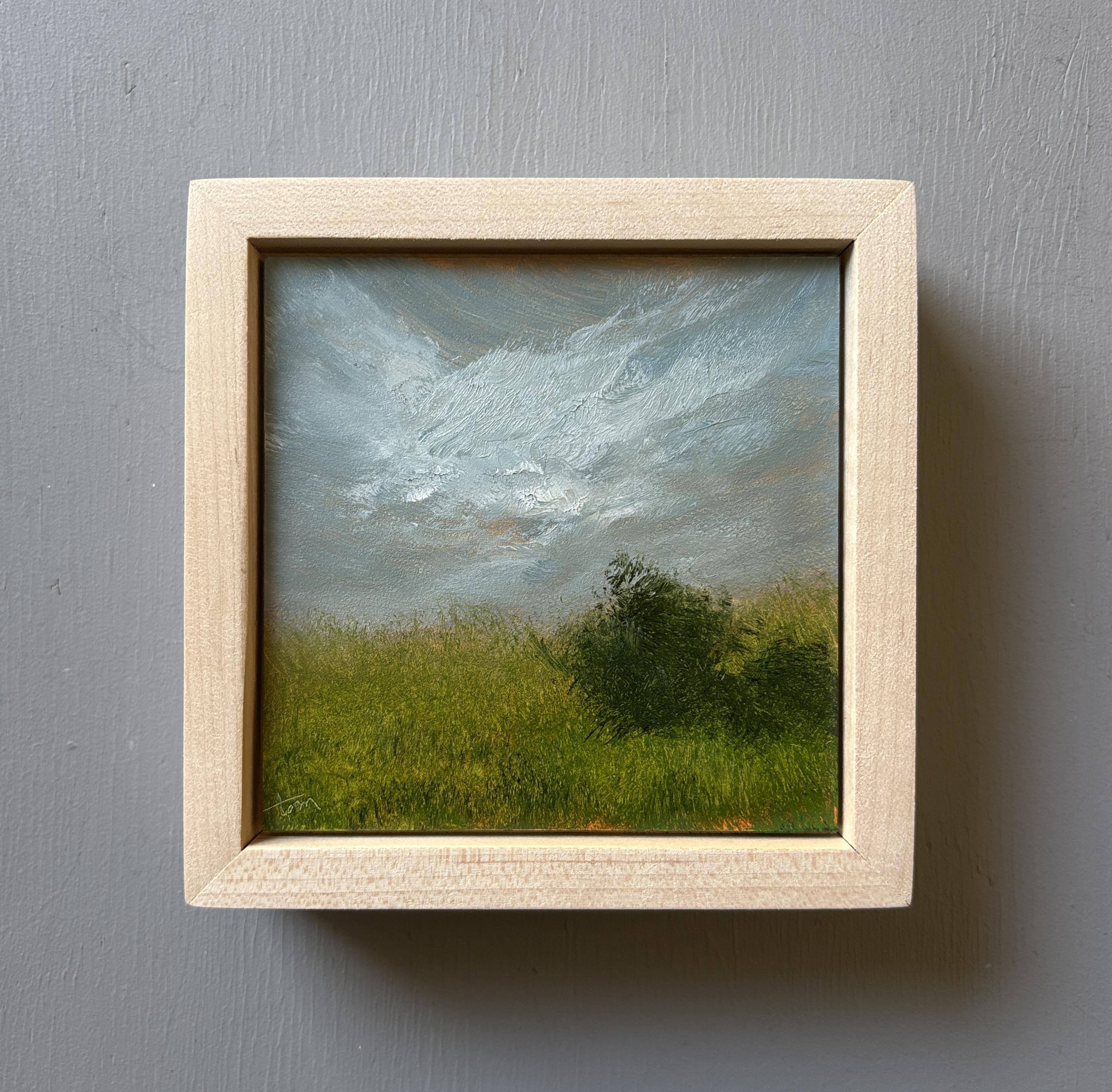 My contribution to the Green Gallery for the Greenbelt: Original landscape oil painting by Tisha Mark, "Homeland No. 2603" oil on Ampersand Gessobord, 4"x4" (2026), shown in a maple frame. A peaceful atmospheric landscape painting of a lush green meadow with a couple loosely painted trees on the right. There are undertones of orange in the blue-gray sky and in the grass.