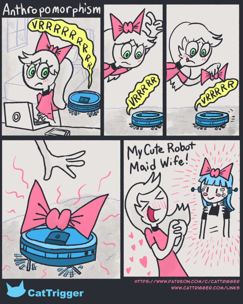 A girl takes a bow off her head and sticks it on top of a roomba.  She then imagines the roomba as a robot maid girl.  COPY: Anthropomorphism / My Cute Robot Maid Wife!
