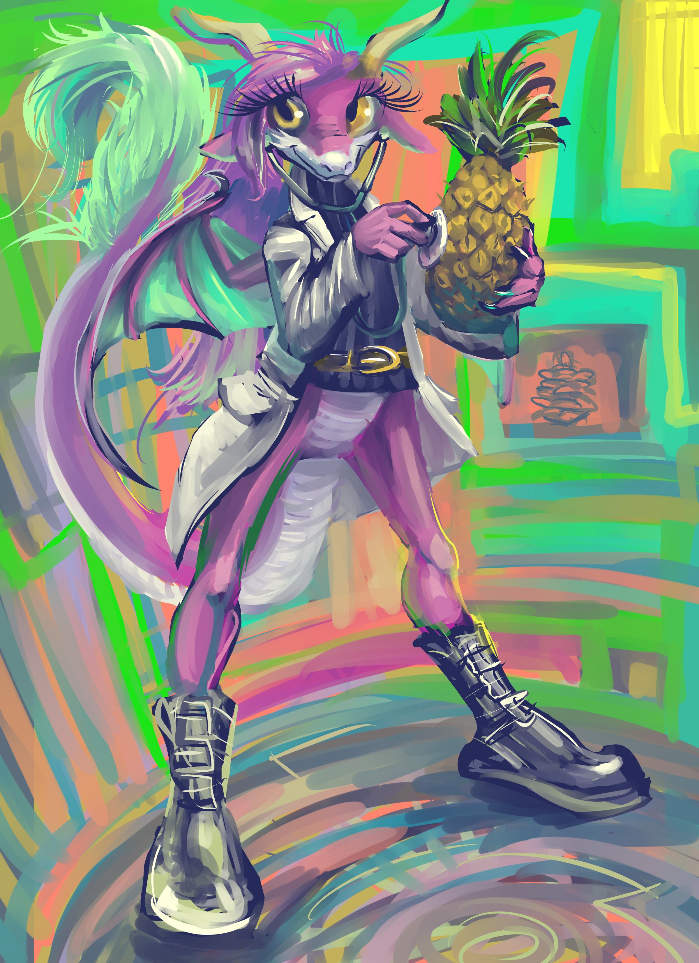 anthropomorphic pink and white-skinned dragon person uses a stethoscope to listen to a pineapple.  the tail ends in pale green fluff or feathers.  the creature wears a white jacket, a turtleneck sweater, a belt for some reason and boots.  one eye is darker than the other.  the background as is increasingly common on my uploads is just abstract colors, shapes and lines
