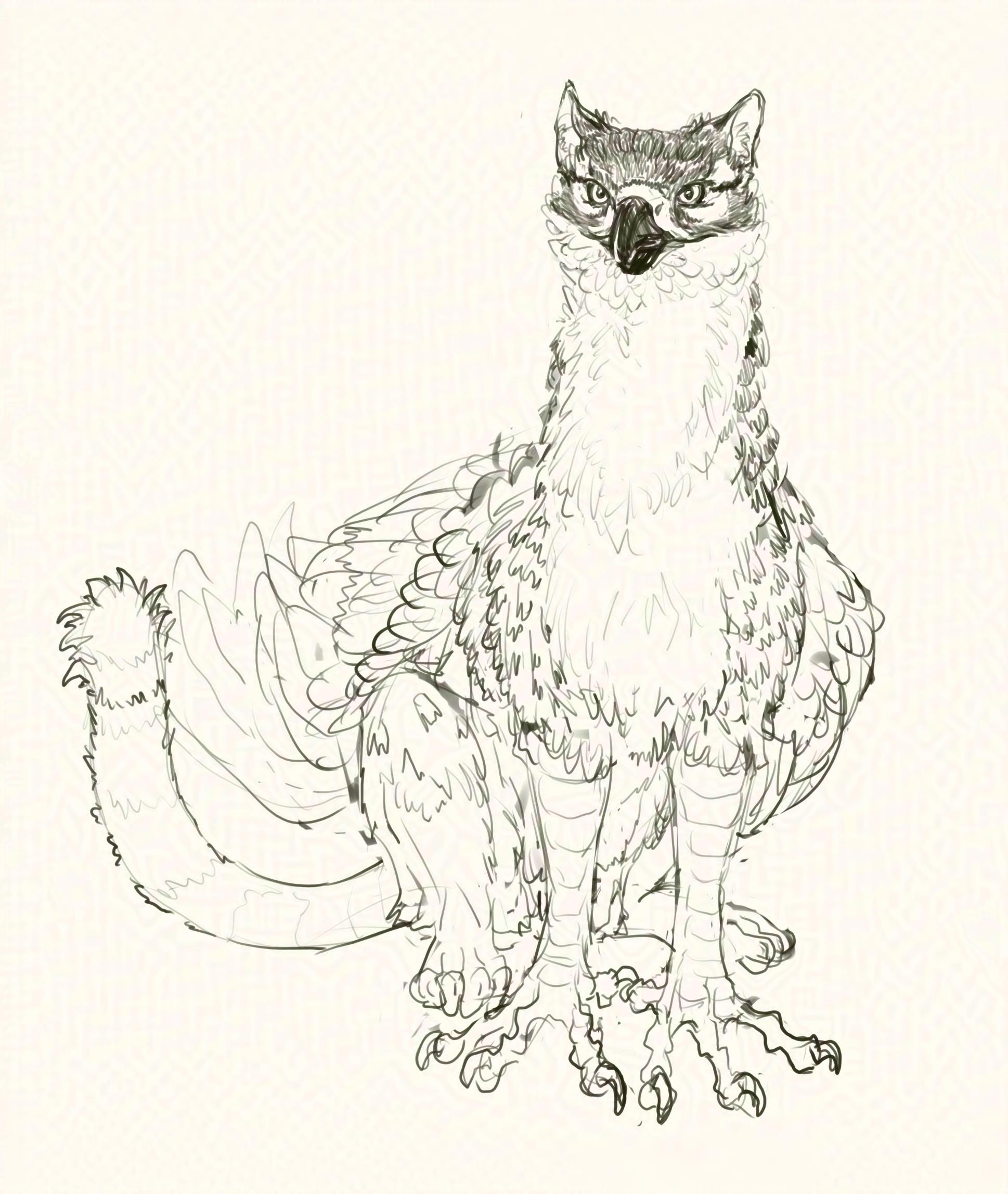A digital black and white sketch of a gryphon (front bird half, and big cat hind-half) sitting calmly and appears to be smiling or happy, tail is to the side with the fluffy tip raised in the air.