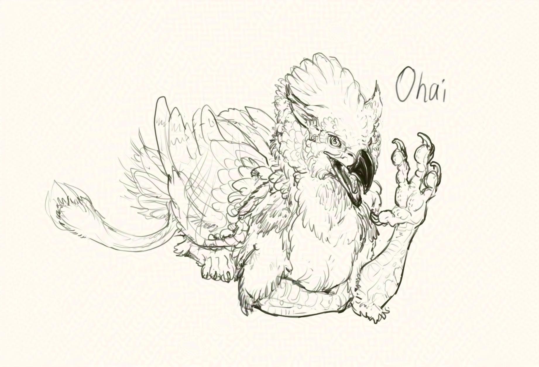 A digital sketch of a gryphon or griffin laying loafed in front of the viewer, with one paw with talons held in "hi" gesture, while looking menacingly cute, with beak slightly open.