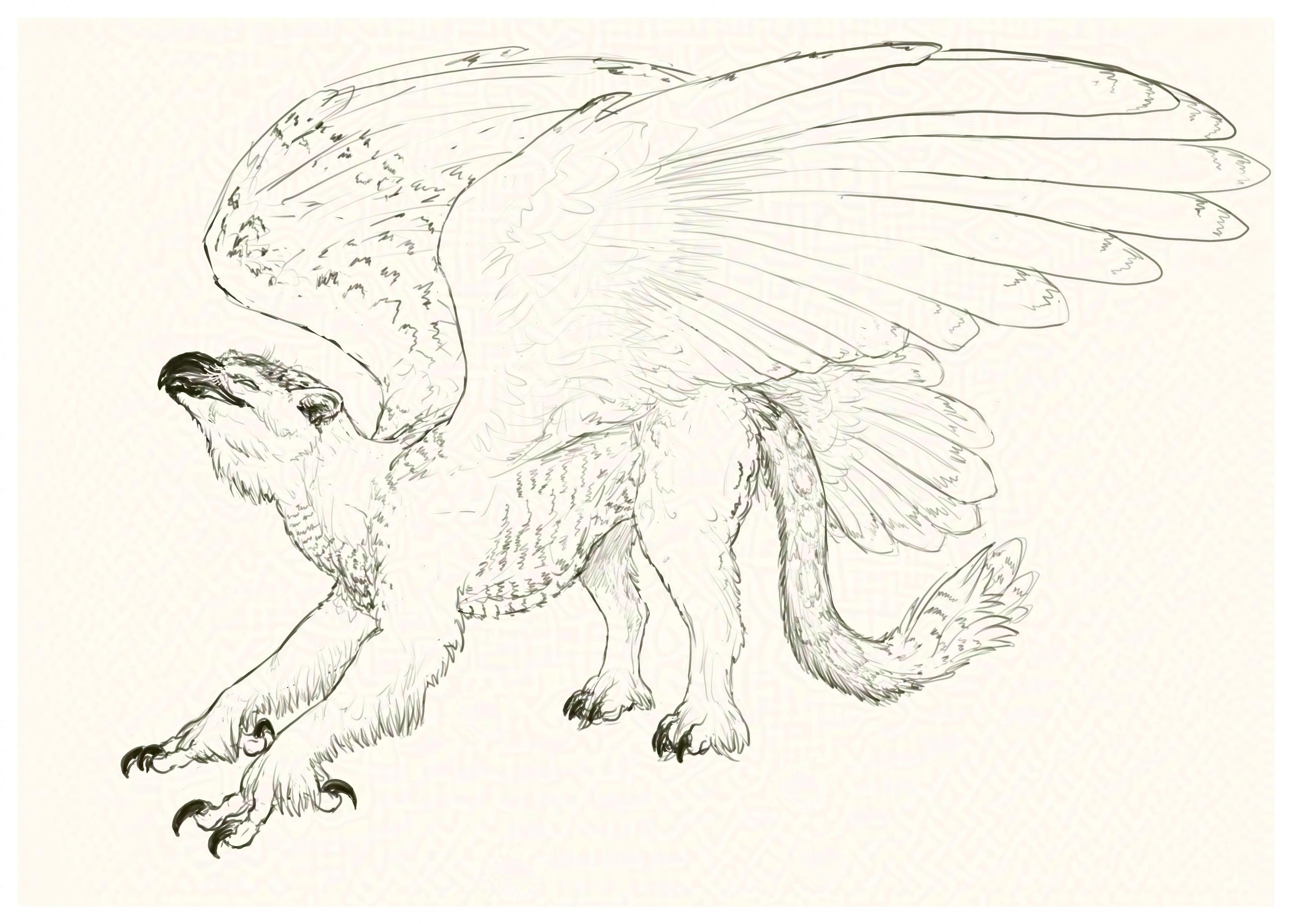 A digital black-and-white sketch depicting a gryphon, or griffin, standing in front of the spectator in 3/4 view, stretching like a cat - half splooting the front and raising the rump, wings half-extended and eyes blissfully closed. The creature is a mix of snow owl (mostly) and snow leopard (back paws and partially tail).
