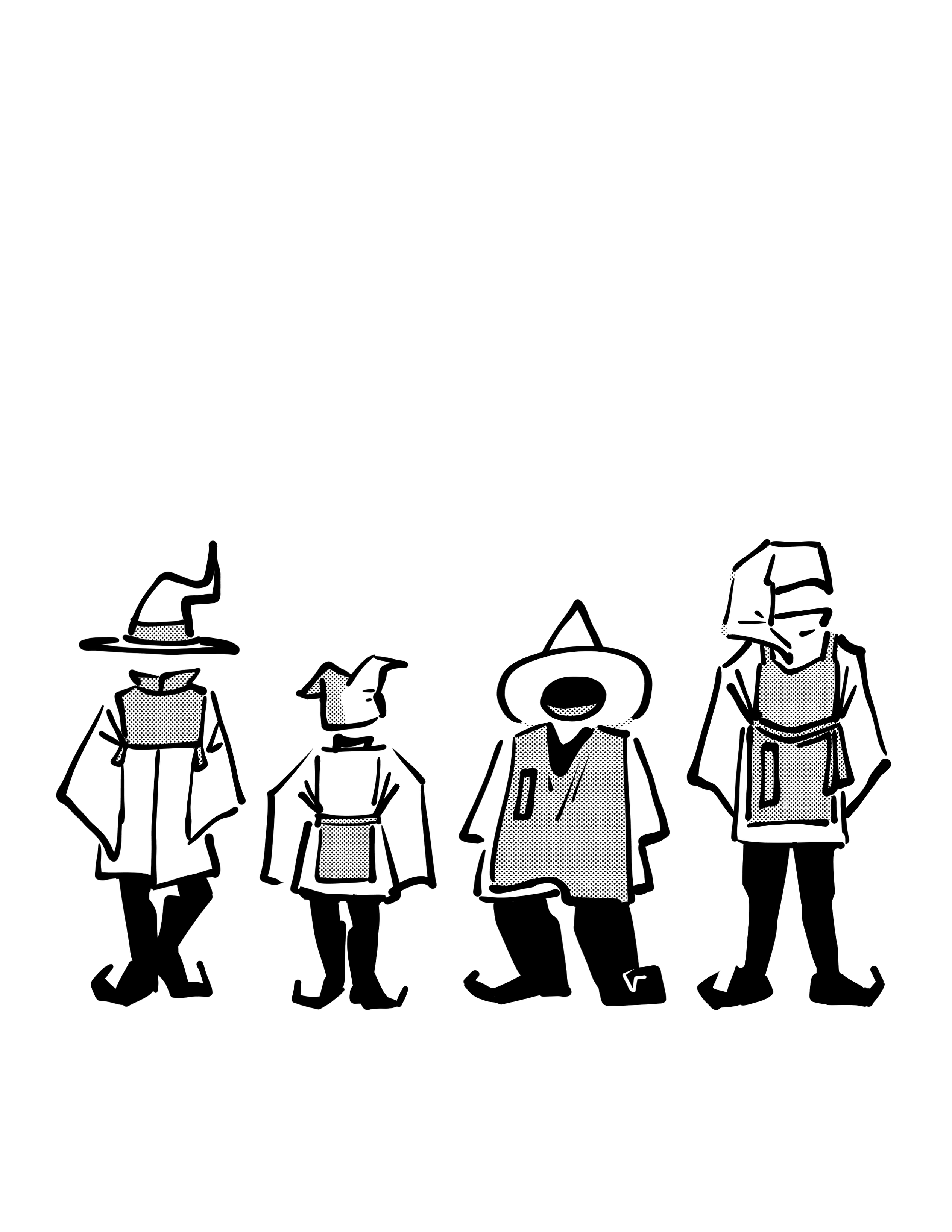 Four mages of varying size and costume.