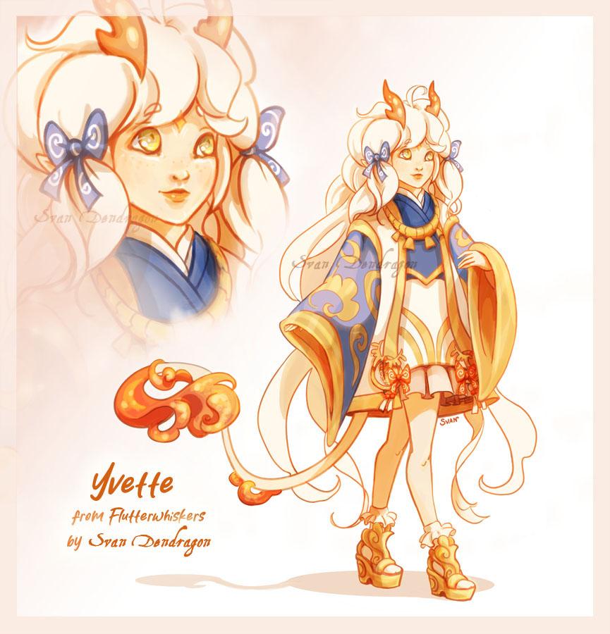 A dragon girl drawing, with white hair, red orange horns and a long tail with fluffy orange fur at the end, in asian inspired clothing white, blue and gold, with large blue gold orned sleeves, a short ruffled skirt, gold orned platforms shoes, and blue bows in hair.