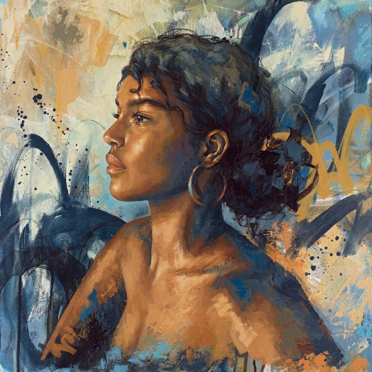 Portrait (head & shoulders) of a dark skinned woman with medium length hair tied back in a pony tail. She is wearing large hoop earrings and facing to the left with no particular expression. The background is abstracted in colours of blue, grey and beige