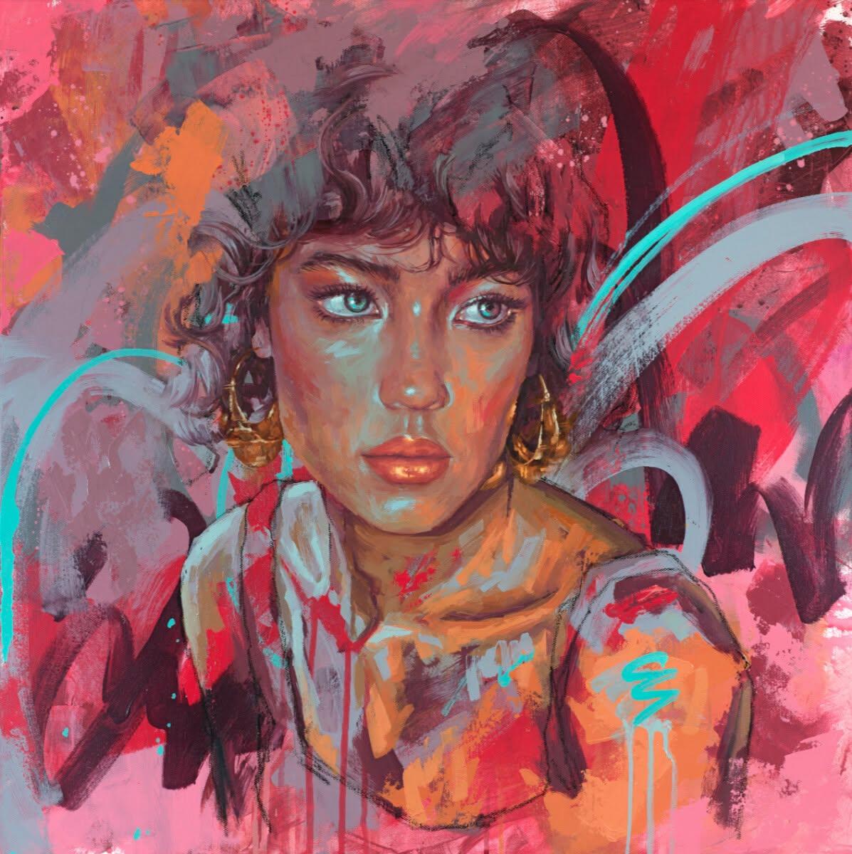 Portrait (head and shoulders) of a pale skinned woman with short curly hair facing forward. Her eyes look to the right. The background is abstracted in colours of pink, purple and blue