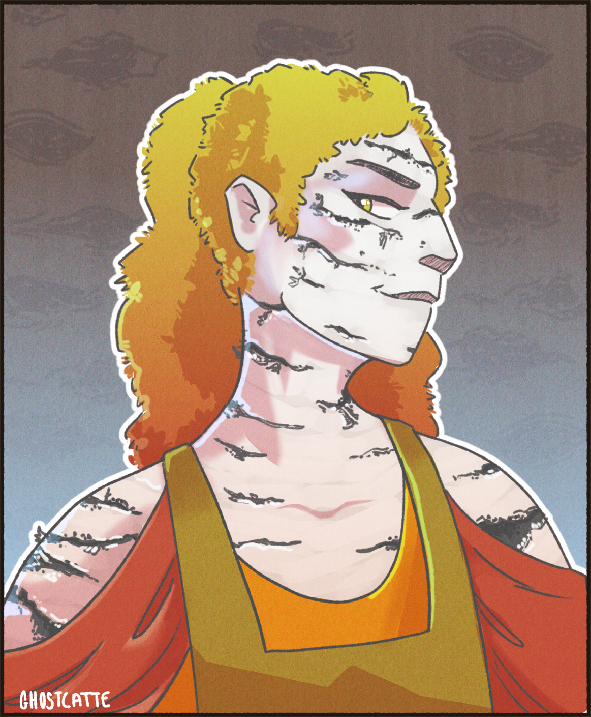 illustration of a woman's head/bust. her head is turned to the right and she's looking back toward the viewer. her skin looks like a birch tree - very pale, with dark spots and lines. her hair is the color of leaves - a gradient of red to orange to yellow to green. She's wearing an apron over a dress
