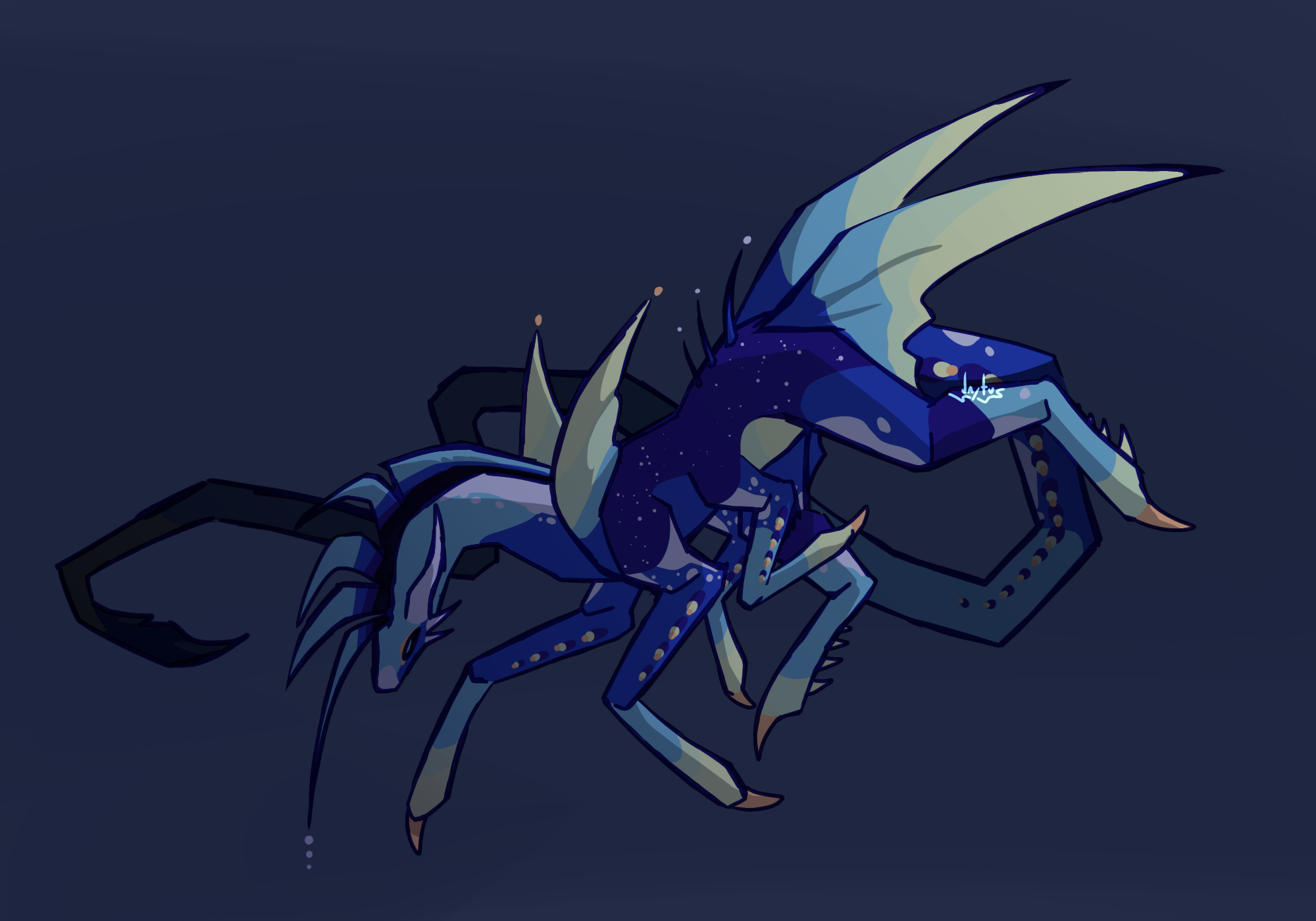 drawing of a fantasy creature in a swimming pose with a plain blue background. the creature has a long neck, six buglike limbs with a single large claw on each, a long tail, and large fins on the shoulders and back legs. it also has a frill amd horns on the head. it is mostly blue; the legs and fins fade to pale yellow.
