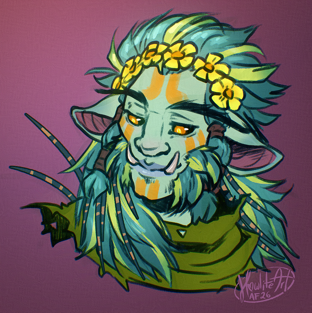 Digital art portrait of a haranir man with teal hair and skin, wearing a yellow flower crown and smiling gently, looking down.