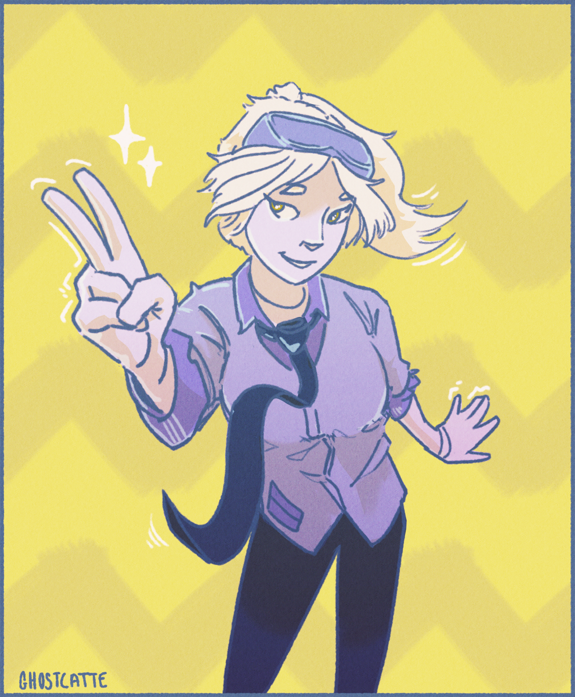 digital illustration of a woman with greyish/white skin, very light colored hair, wearing a purple-ish shirt & sweater, with a black tie and black pants. she's doing a peace sign with one hand and smiling