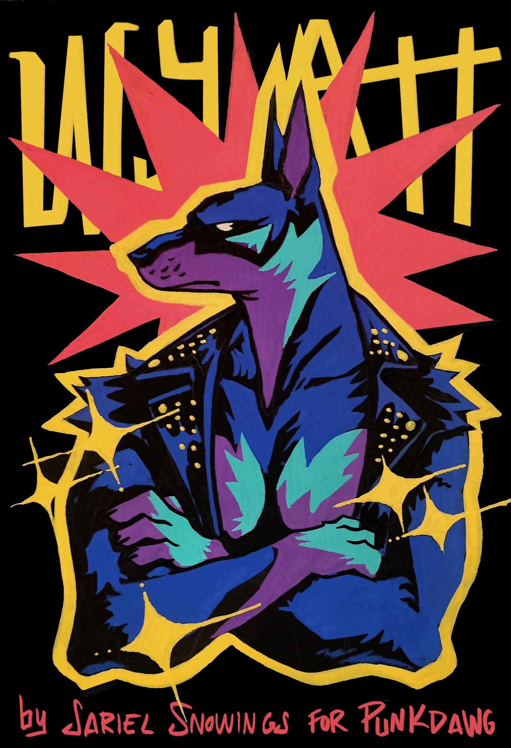 A traditional bust portrait of an anthropomorphic Doberman wearing a leather vest