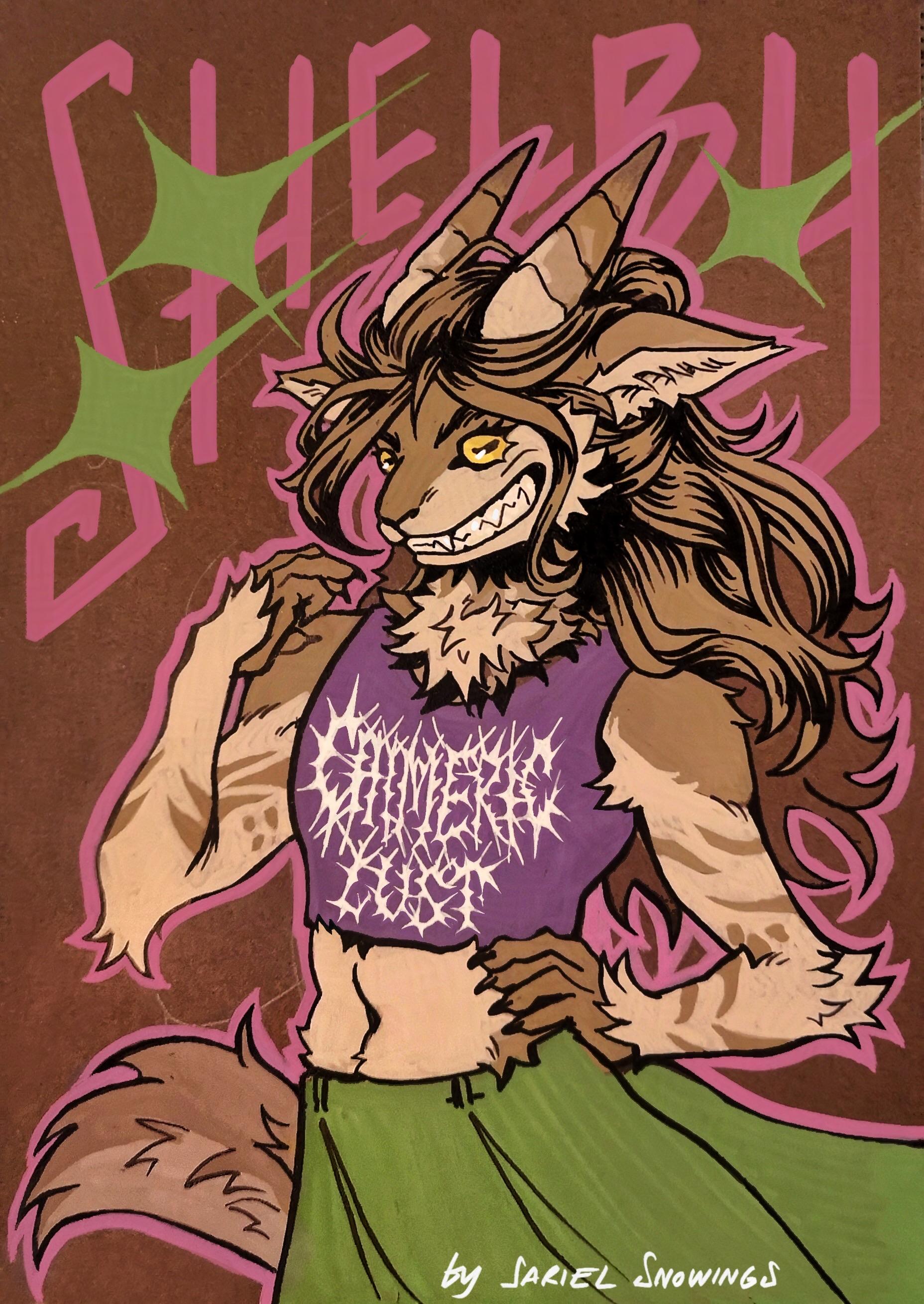 A traditional half body painting of an anthropomorphic chimera with a goat’s face and pointy teeth