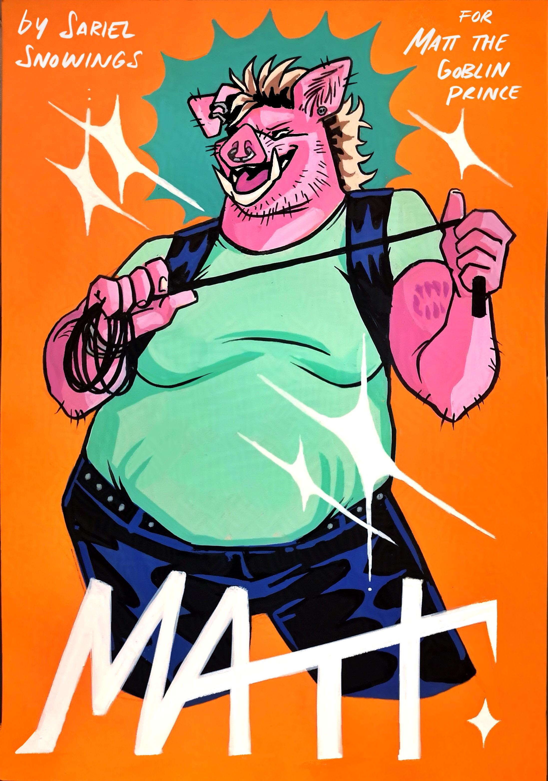 A traditional half body portrait of an anthropomorphic feral pig with long tusks and pink skin wearing a leather vest over a T-shirt and holding a whip