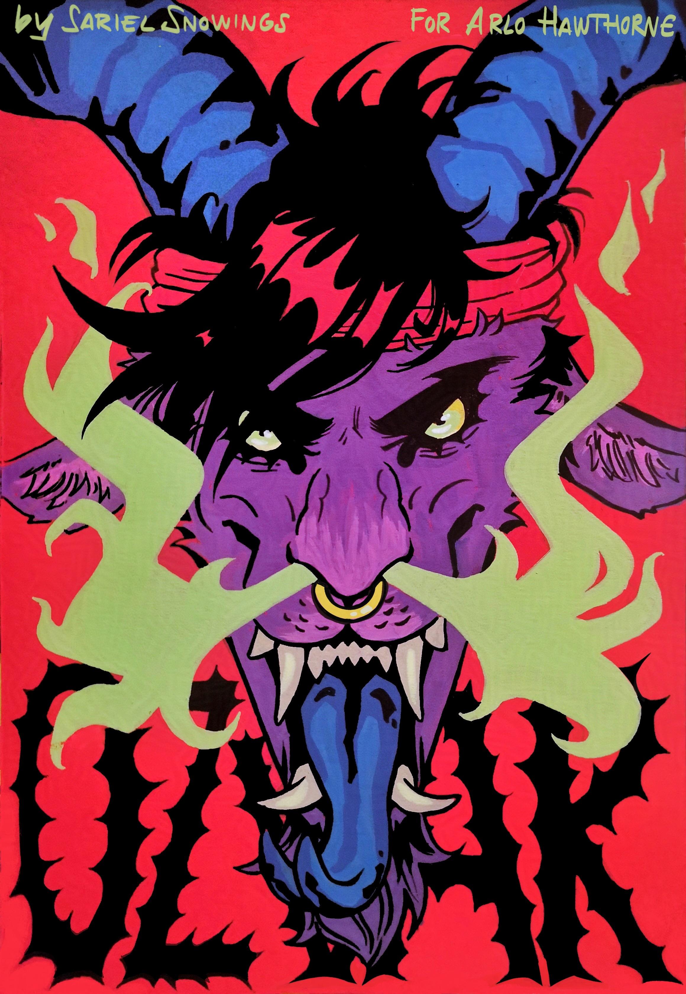 A traditional portrait of a purple demon goat spitting green fire