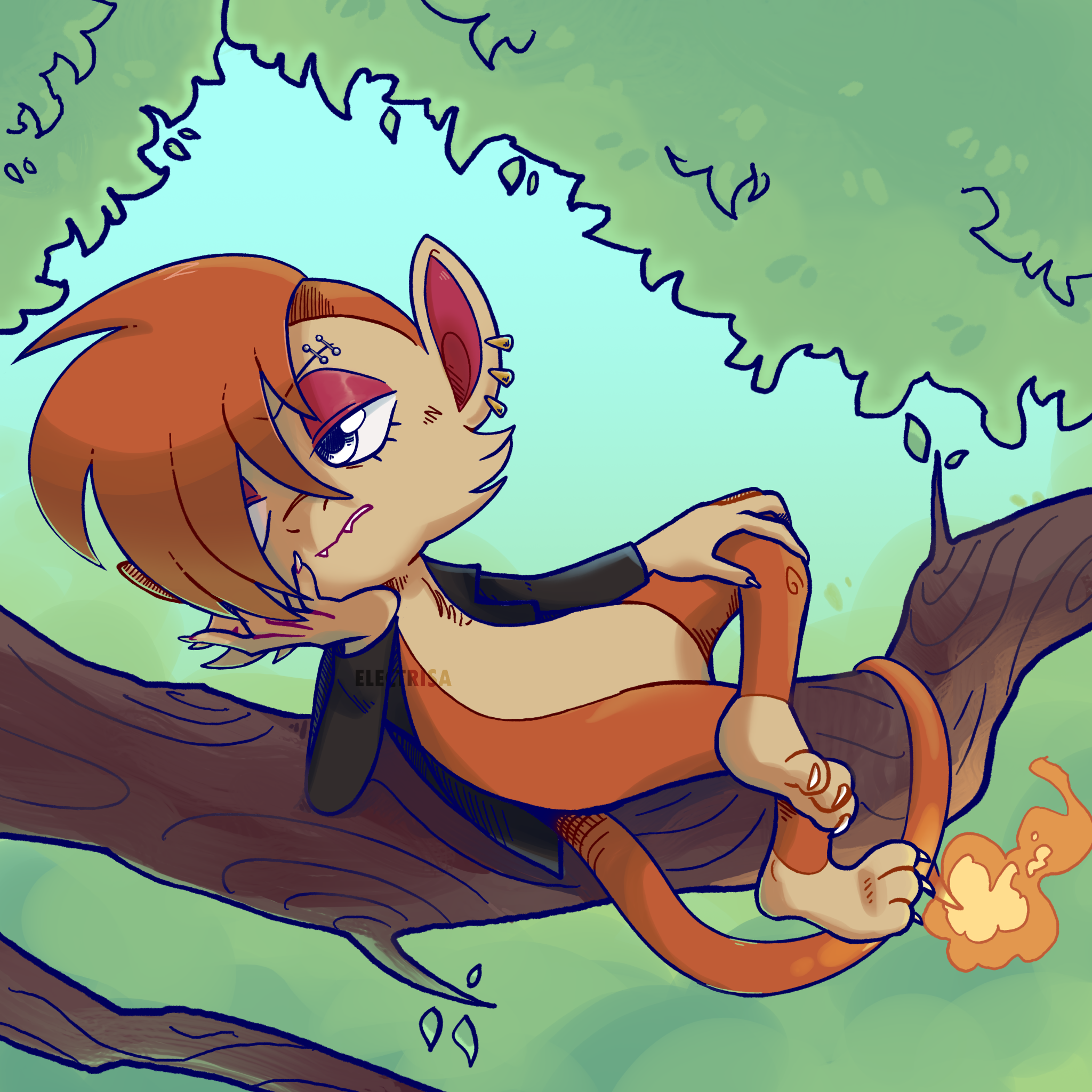 A chimchar/human hybrid laying on a branch among the tree tops and under leaves. She's wearing a black jacket, her brow and ears are pierced. Her tail is long and there's a flame at the end of it. She's looking off to the side with a bored expression, her face propped up on her hand.