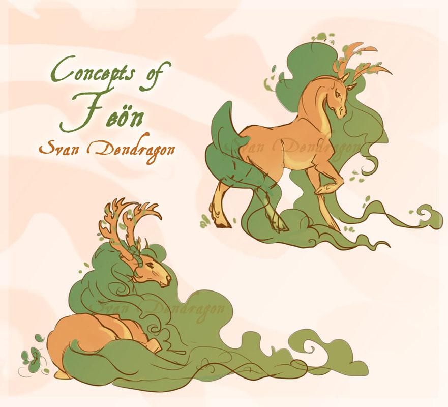Two sketches in colors of Feön the nature god horse creature from Dzaka.
He has green long fluffy hair and tawny body.