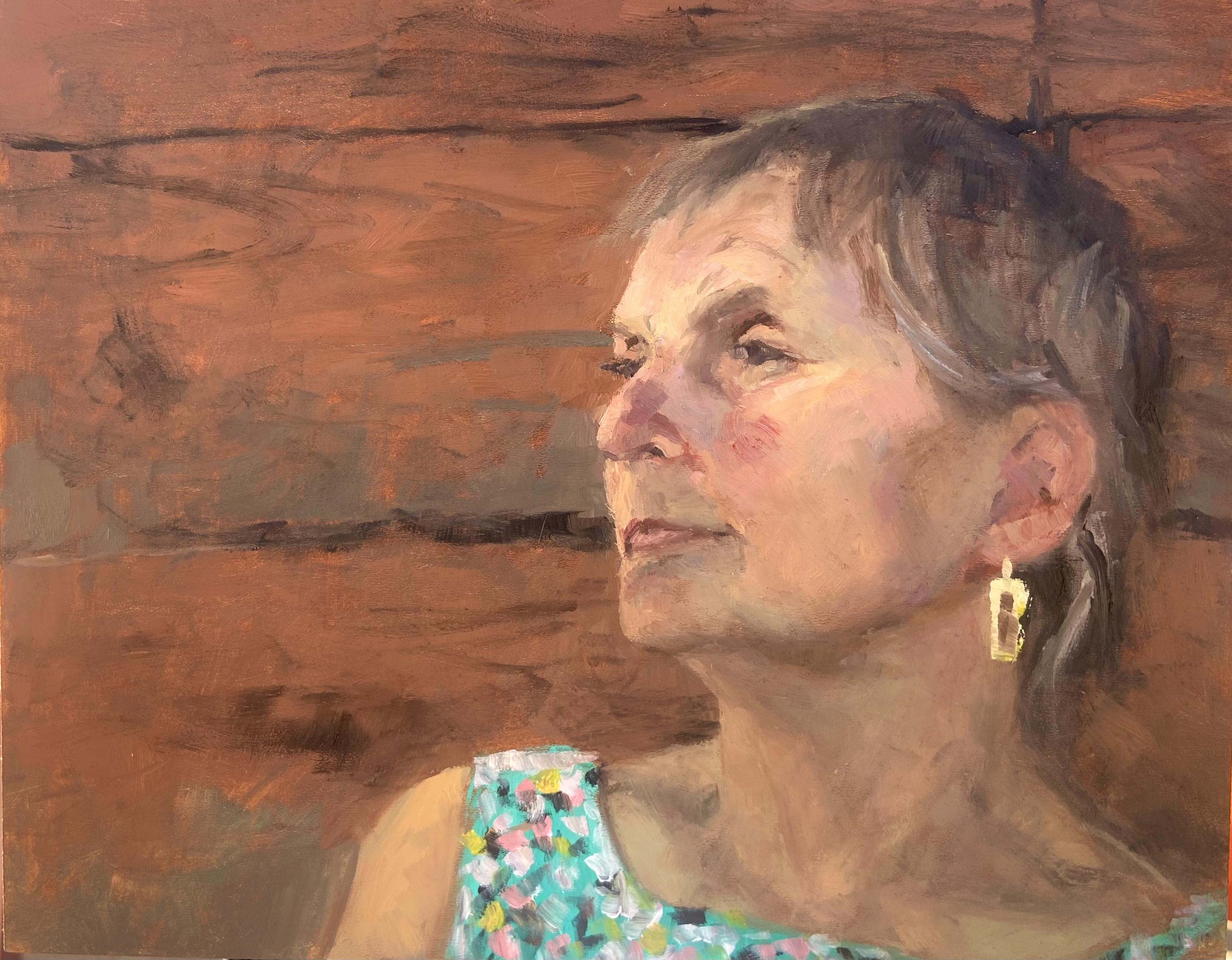 Portrait painting in oils of a person looking to the left. They are wearing an earring and a bright green shirt

24x30cm oil on panel