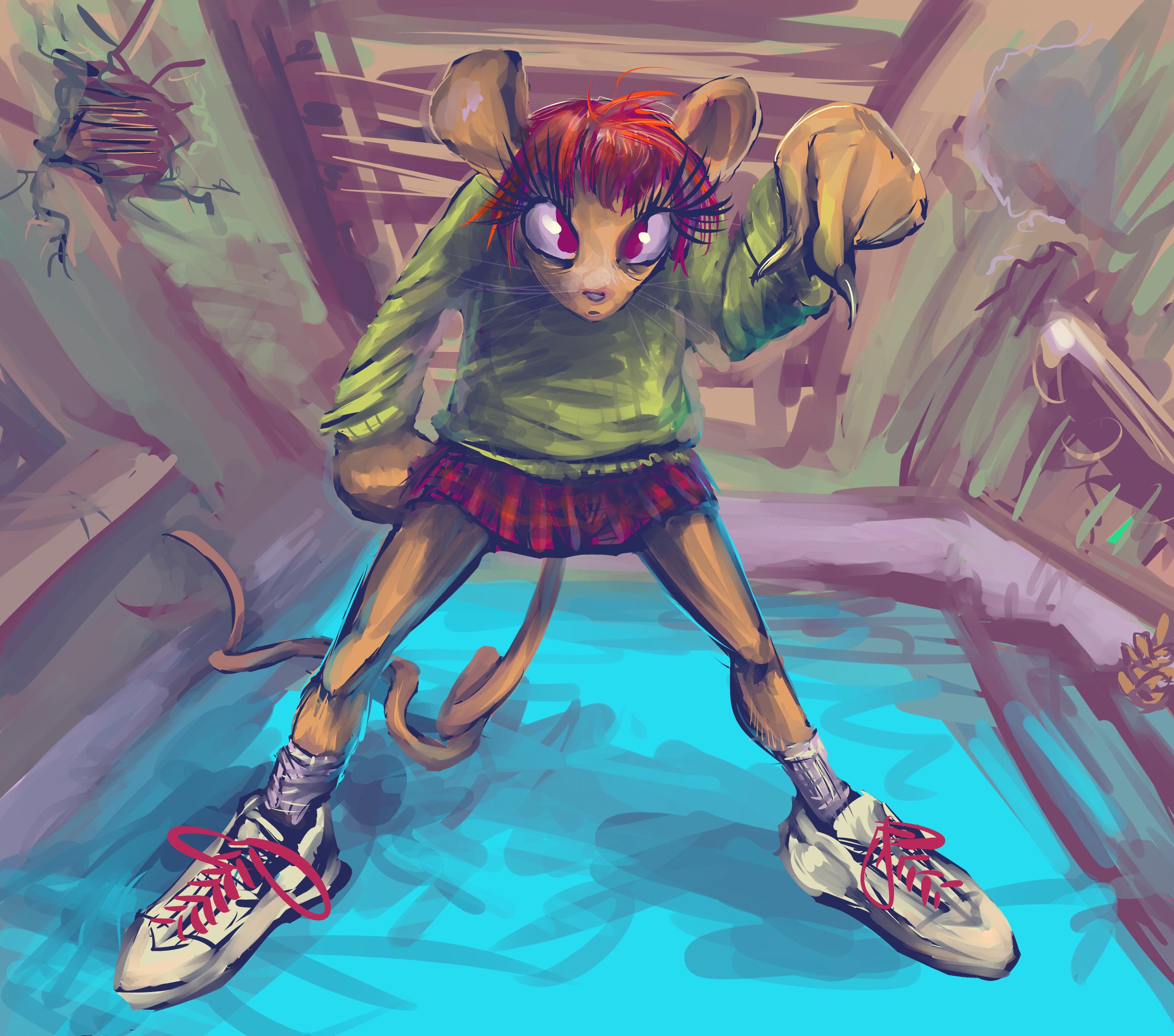 anthropomorphic mouse person with a short face and bright red scalp hair, wearing a large greenish sweatshirt/sweater and a comparatively small gingham-patterned skirt and white shoes with red laces, seems to be angrily pointing downward, without an referenced and crumbling residential environment