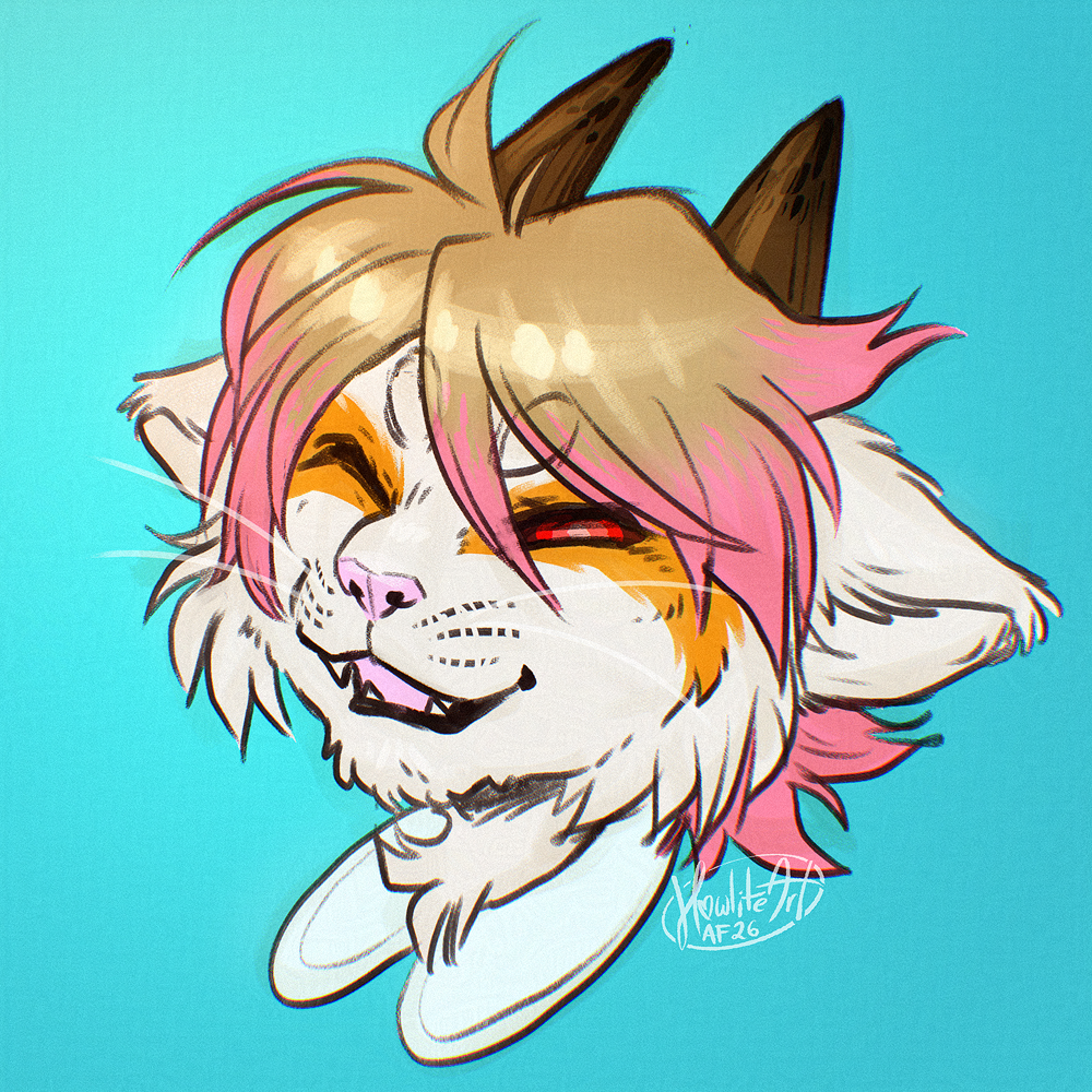 Digital art portrait of a white cat anthro with horns and pink-tipped brown hair, smiling with both eyes almost closed - the open one has a red eye visible.