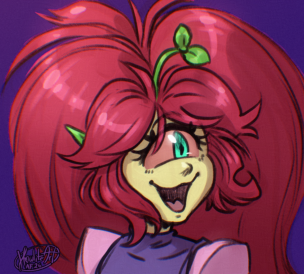 Digital art portrait of an alien girl with one eye and big magenta hair, a green plant sprout growing between her bangs. She's smiling broadly.