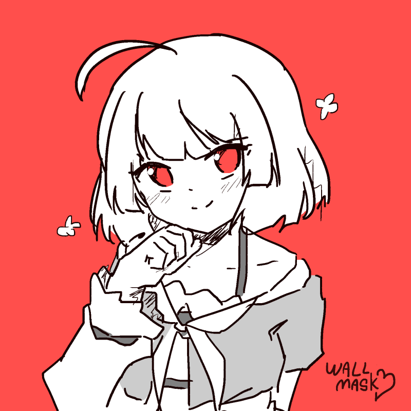 doodle of my original character Ayu, a girl with short white hair and red eyes, smiling and blushing at t he viewer, with her right hand below her chin. She wears a jacket with a long sleeves shirt. This picture has only the colors white, gray and red, the red being used only on the character's eyes and the plain background.