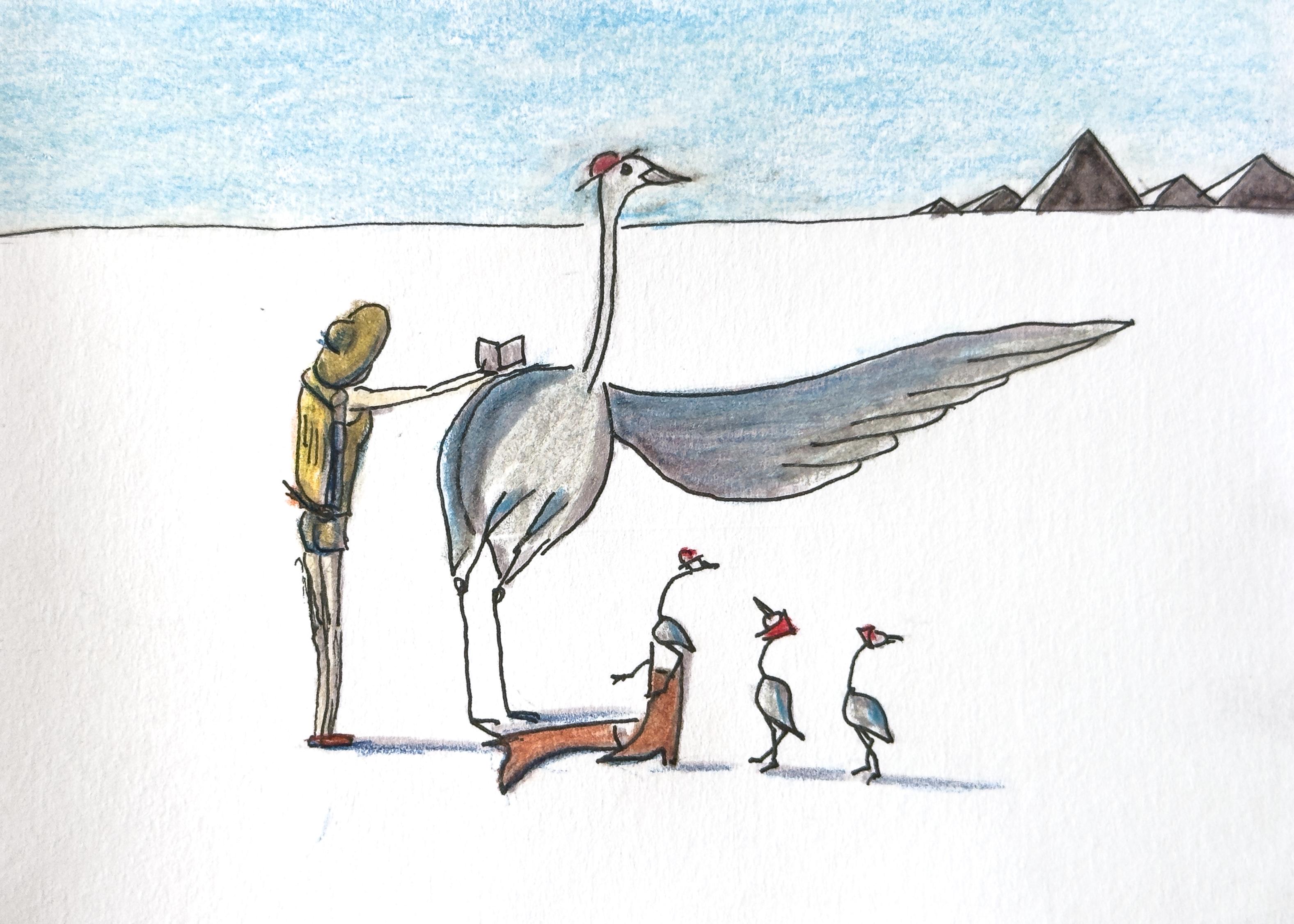 Ink and pencil drawing of figures making new friendships.