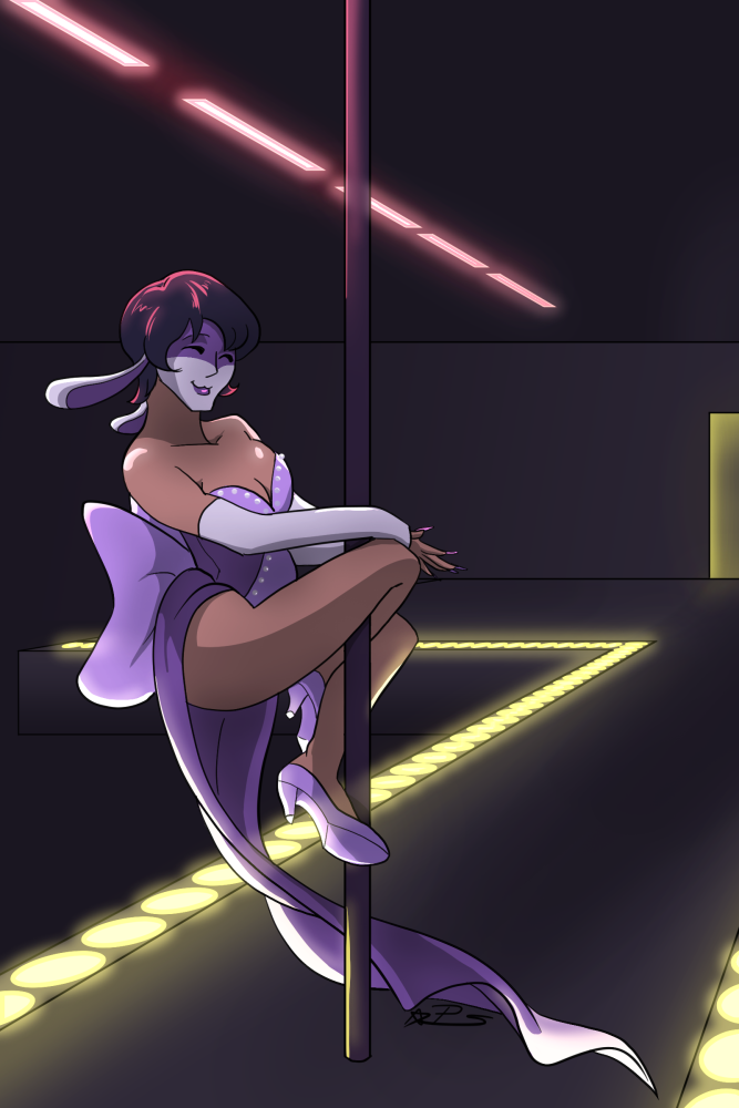 A rabbit themed pole dancer in purple. She is sitting seductively in a lotus pose while dramatically lit from above and below.