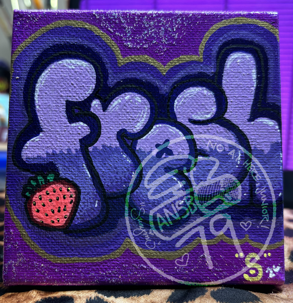 small purple painting of the word "fresh" in lowercase bubble letters. there's a small neon red strawberry on the left-hand side of the lettering. multicolored iridescent sparkles outline the outer edges of the painting.