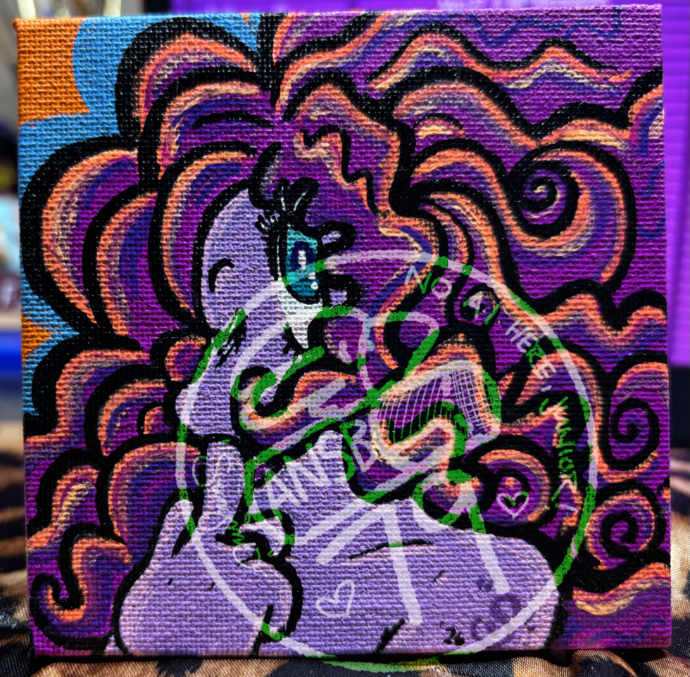 small painting of a purple skinned, coy-looking being with long wavy purple hair that has neon orange highlights.