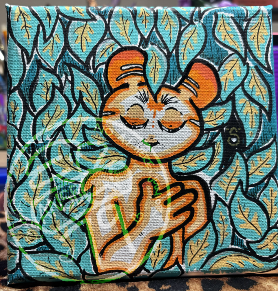 small painting of an orange & white feline character standing in front of a large plant with pale green & yellow leaves.