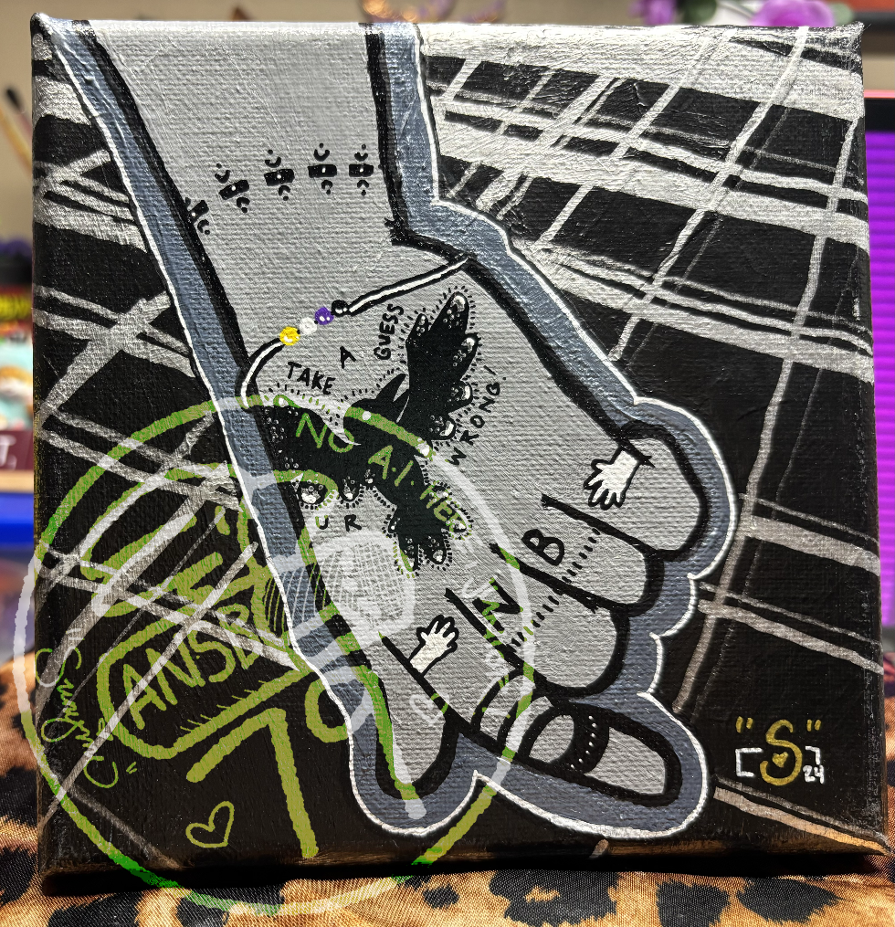 small black & white painting of a grey hand with a few non-binary themed tattoos on it.