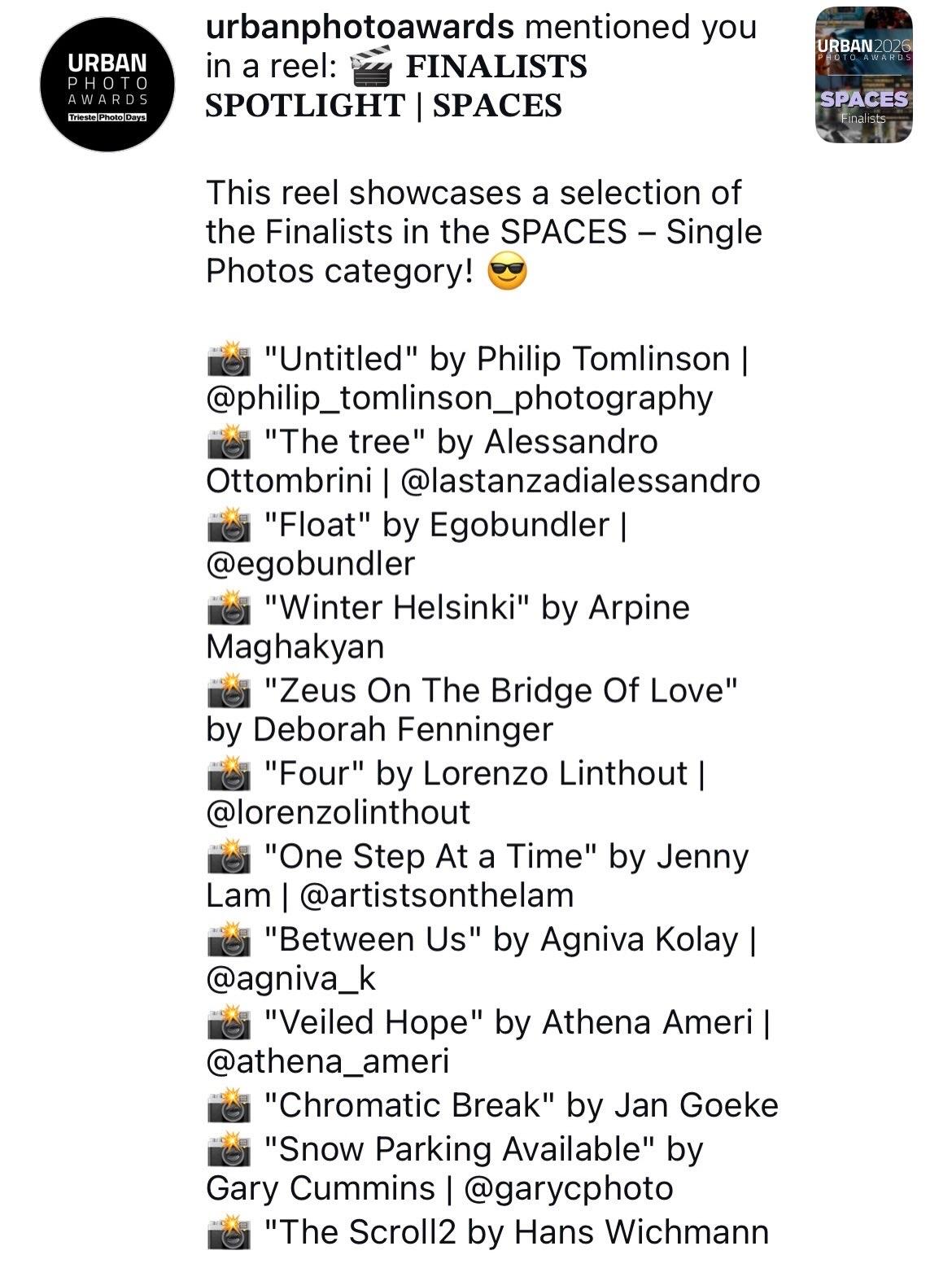 Screenshot by Chicago artist Jenny Lam of Urban Photo Awards' Instagram post caption featuring selected Finalists in the Spaces category for the 2026 international photography competition