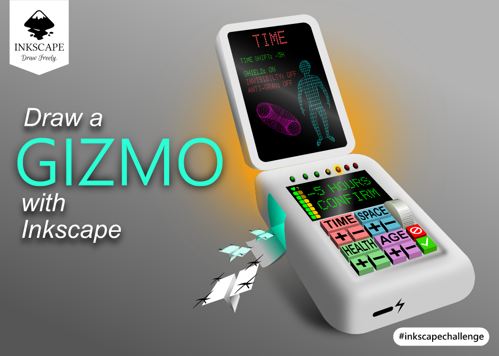 Draw a Gizmo - A handheld gizmo with time travel buttons and nano drone launcher