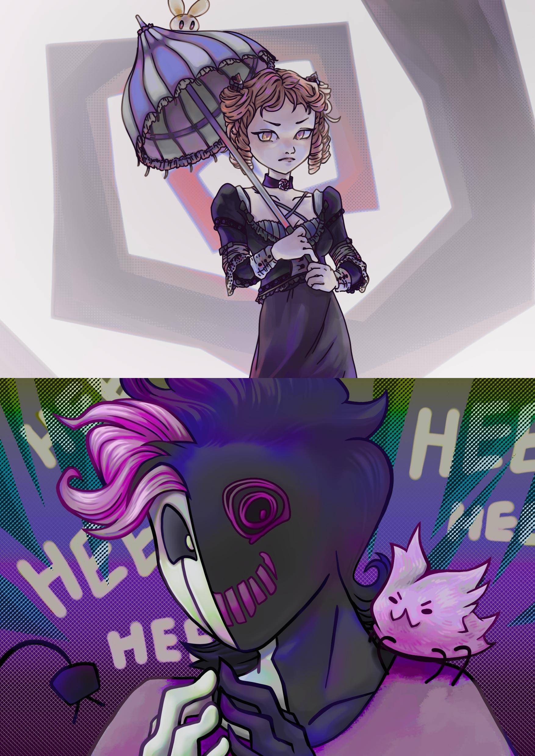 two illustrations one on top of the other. the top is a girl in nineteenth century attire holding an umbrella with an annoyed expression. the lower is a guy with a white mask over half his face; the other half is cartoony with a spiral eye and jack-o-lantern like smile. there is a fluffy cartoon spider perched on his shoulder and laughter comic sound effects rendered in the background