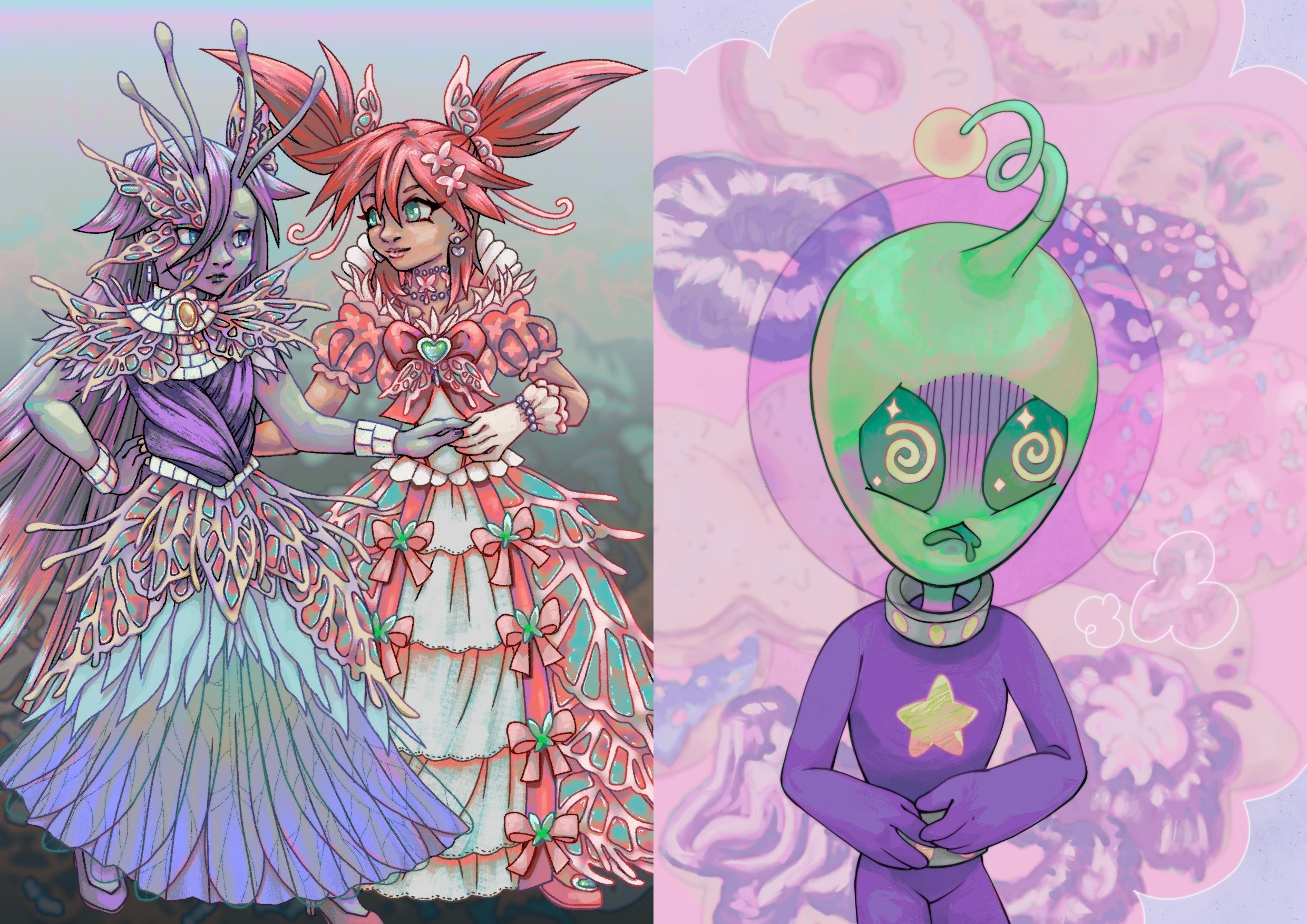 two illustrations side by side. the left is two fairytale princess like characters in a waltz pose. they have ballgowns made of iridescent butterfly wings. the right is a cartoon alien with a nauseous expression with a thought bubble full of donuts painted in the background